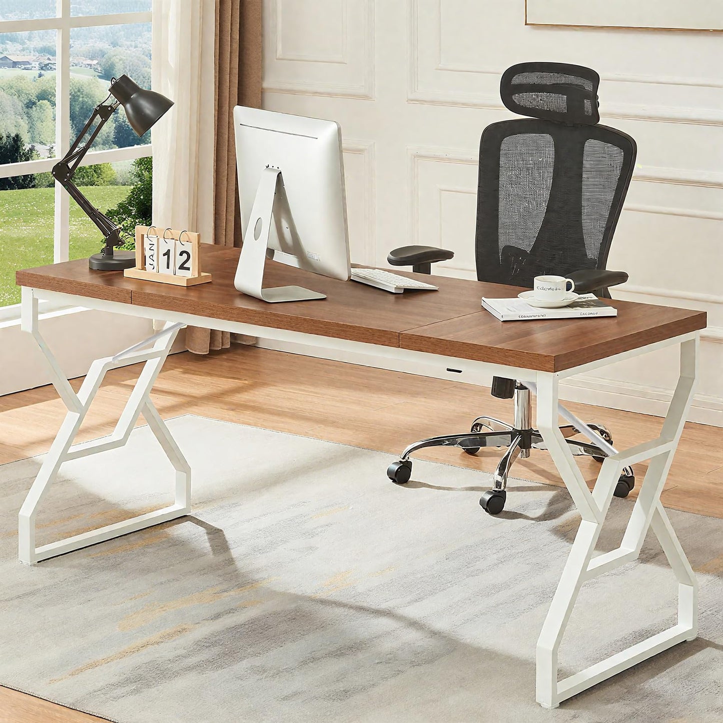 HOMISSUE 63-inch Executive Desk, Large Writing Desk with Engineered Wood Tabletop and Metal Frame, Rustic Home Office Desks with Sturdy Structure, Long Computer Desks for Home Office, Study Room,White