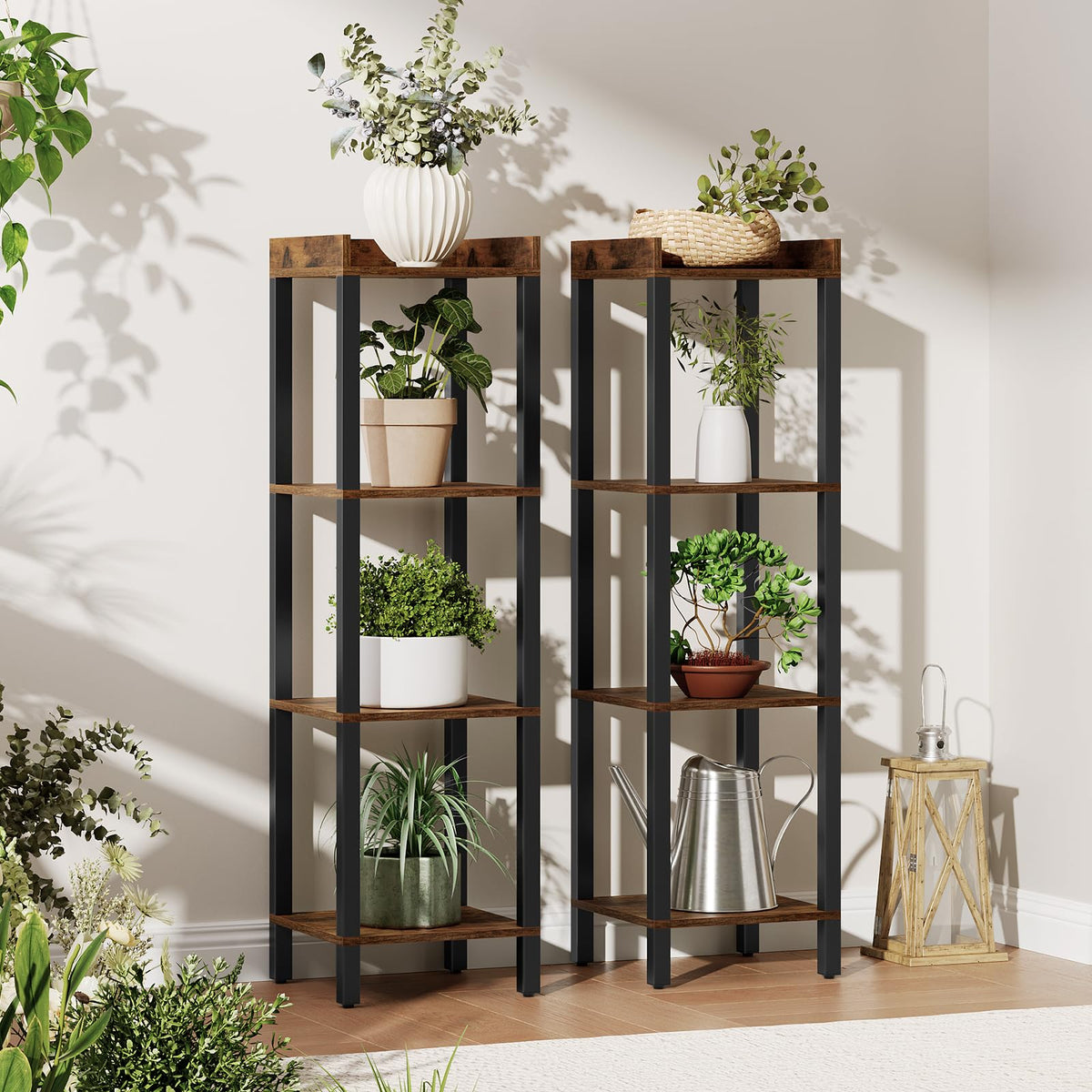 HOOBRO Small Bookcase, Industrial Style Bookshelf for Narrow Spaces, 4-Tier Square Book Shelf Stand, Wooden Storage Rack Display Shelf, Corner Shelf for Living Room, Rustic Brown and Black BF08CJ01