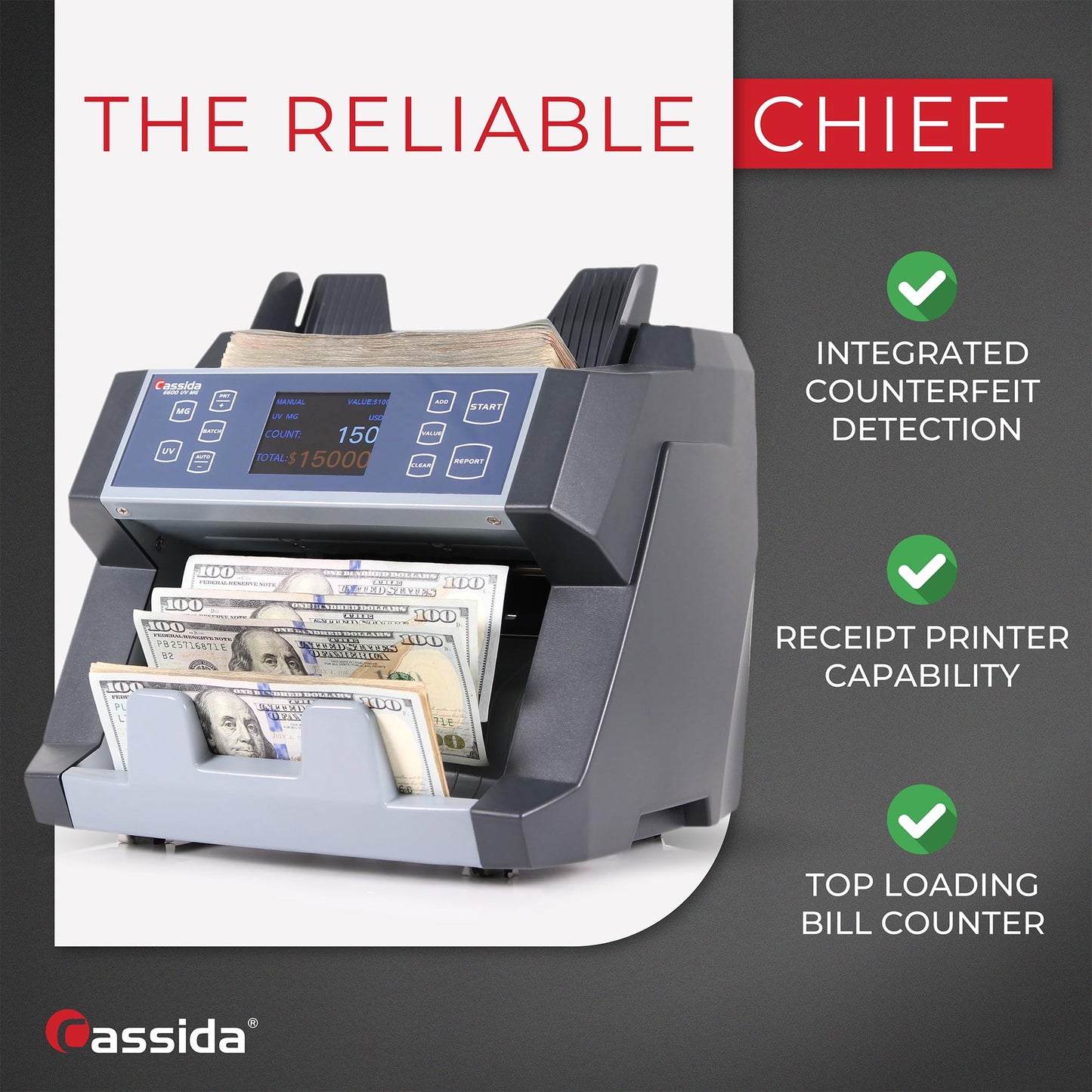 Cassida 6600 UV/MG – USA Business Grade Money Counter with UV/MG/IR Counterfeit Detection – Top Loading Bill Counting Machine w/ValuCount™, Add and Batch Modes – Fast Counting Speed 1,400 Notes/Min