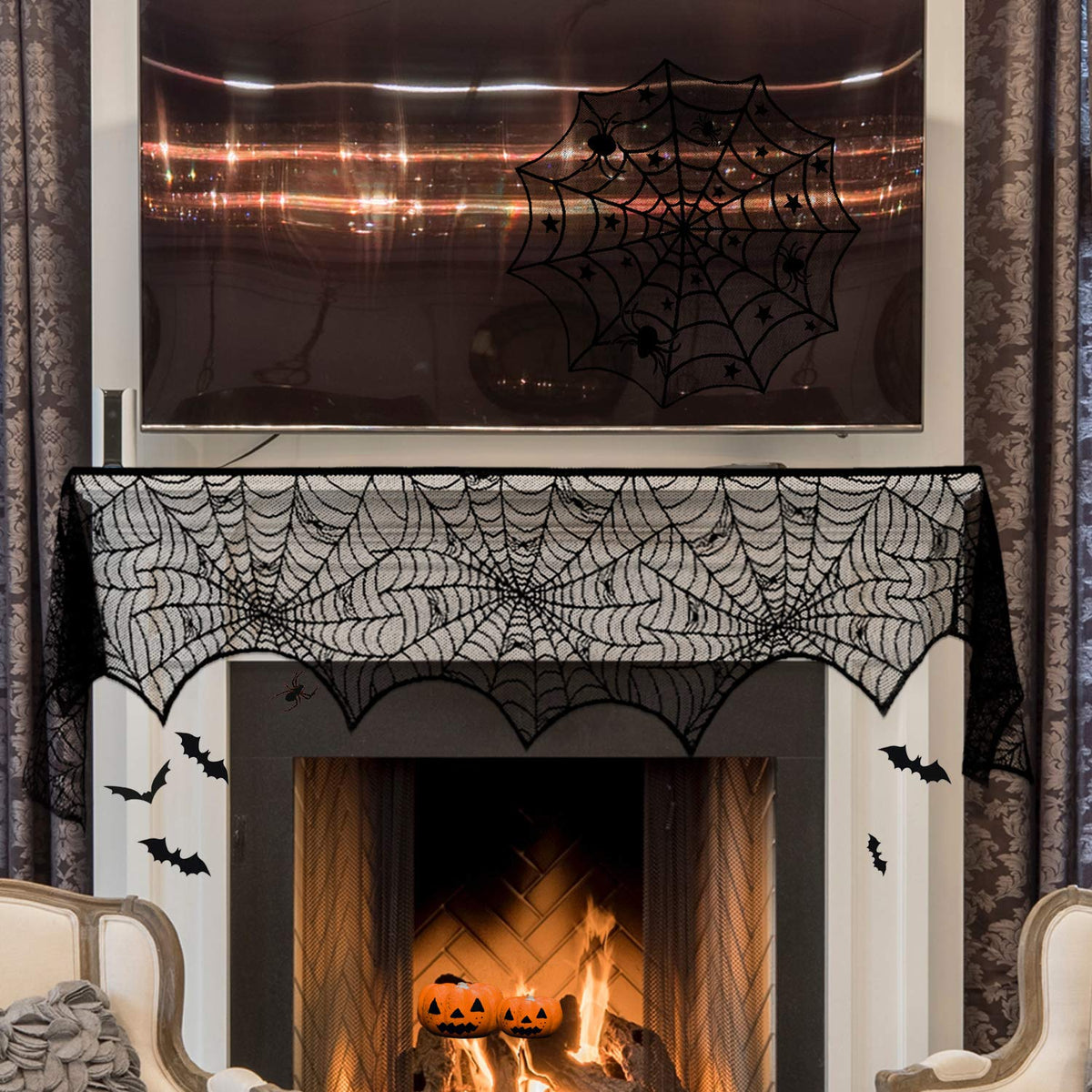 ZeeDix 39 Pcs Halloween Decorations Kit Black Lace Spiderweb Round Tablecloth Table Runner, Giant Spider Cobweb Fireplace Scarf with 36PCS Scary 3D Bats Wall Stickers for Halloween Party Decor