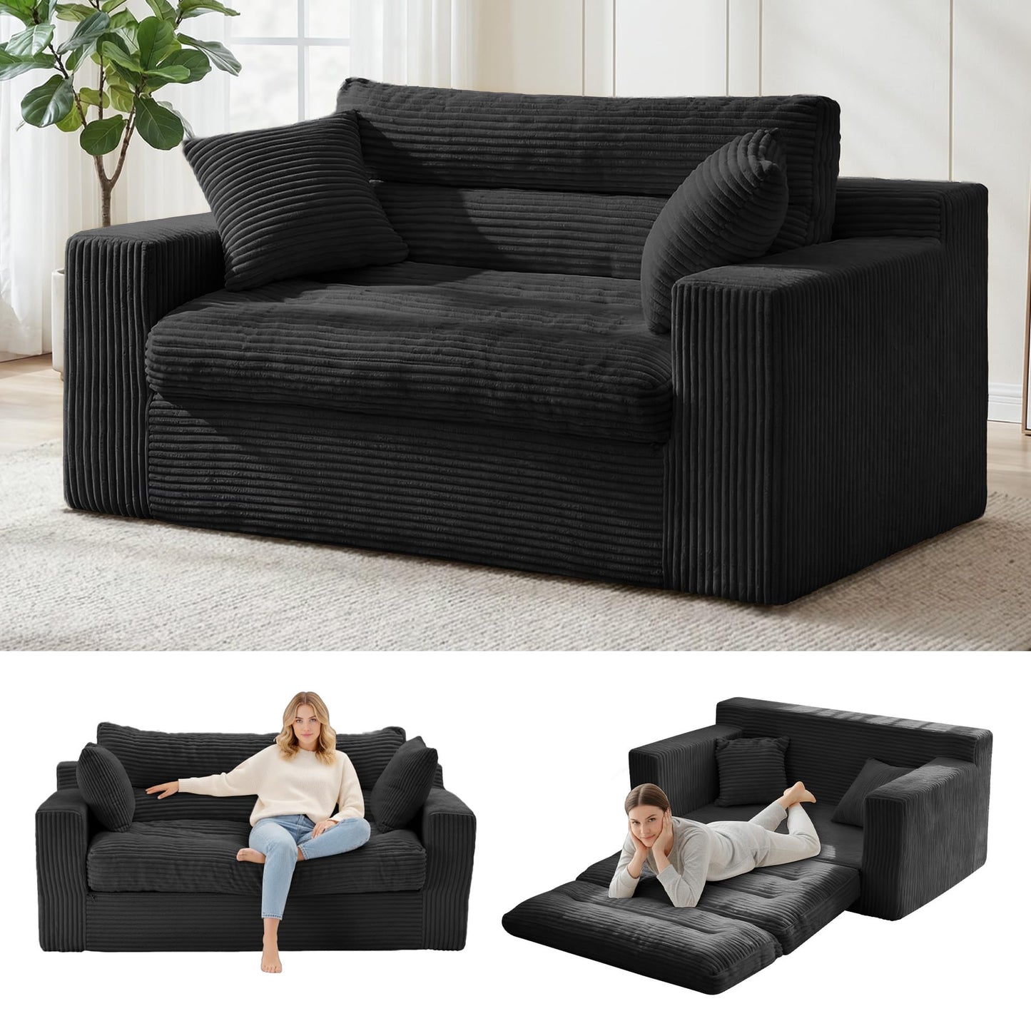 NLDD Convertible Sofa Bed, Pull Out Boneless Couch Loveseat Floor Sofa Bed with Pillows, 2-Seater Folding Sofa Loveseat Boneless Couch for Living Room, Bedroom, Apartment, Office (Black)