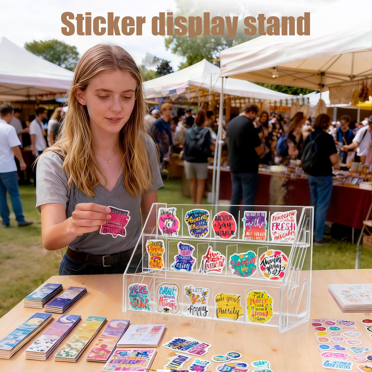 TrendTrust Acrylic Sticker Display Stand with Divided Pockets, Portable Bookmark Holder Tiered Display Stand, Clear Desk Organizer for Home, Retail or Craft Fair Use(15 Pockets, 3 Tier)