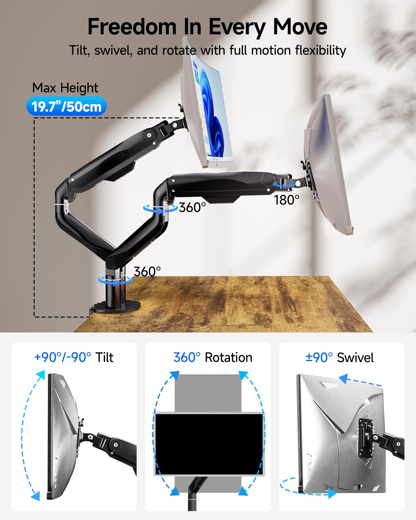 BIZUM Dual Monitor Stand for 17″-42", Heavy Duty Ultrawide Monitor Arm Dual-Monitor Mount VESA Mount with Clamp/Grommet Base, Holds 33.1lbs per Arm, Black