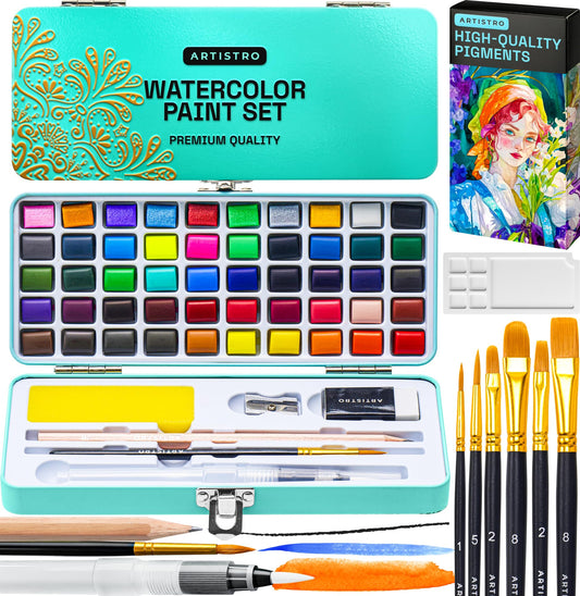 ARTISTRO 50 Color Watercolor Paint Set - Portable Paint Art Kit with Palette and Brush Pens - Travel Water Color Set for Adults, Professionals, Kids - Art and Painting Supplies - Gift Idea