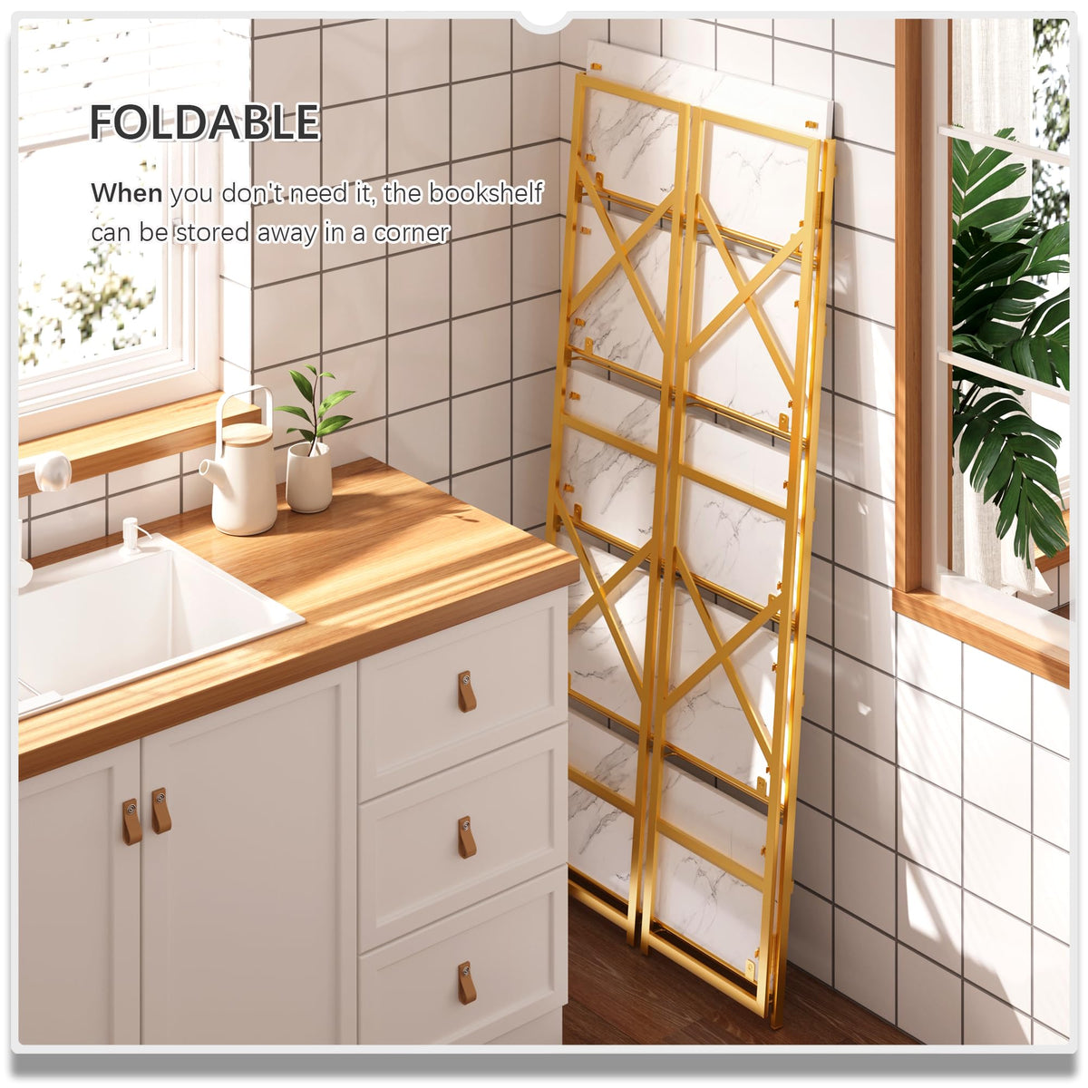 4NM 5 Tiers No Assembly Book Shelves, 51.2" H Folding Bookshelf Bookcase Open Industrial Foldable Shelves for Bedroom, Living Room, Home Office - White Gold