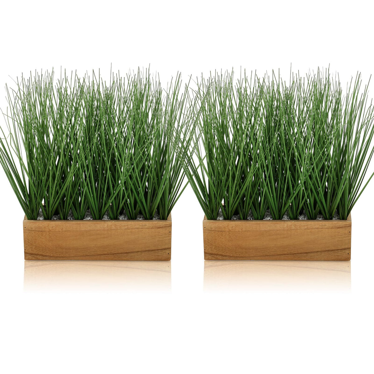 Luinabio 2 Pack 12 Inch Artificial Grass Plants in Acacia Solid Wood Planter Box Decorative Wooden Container with Faux Greenery Plant for Indoor Home Table Rustic Decor