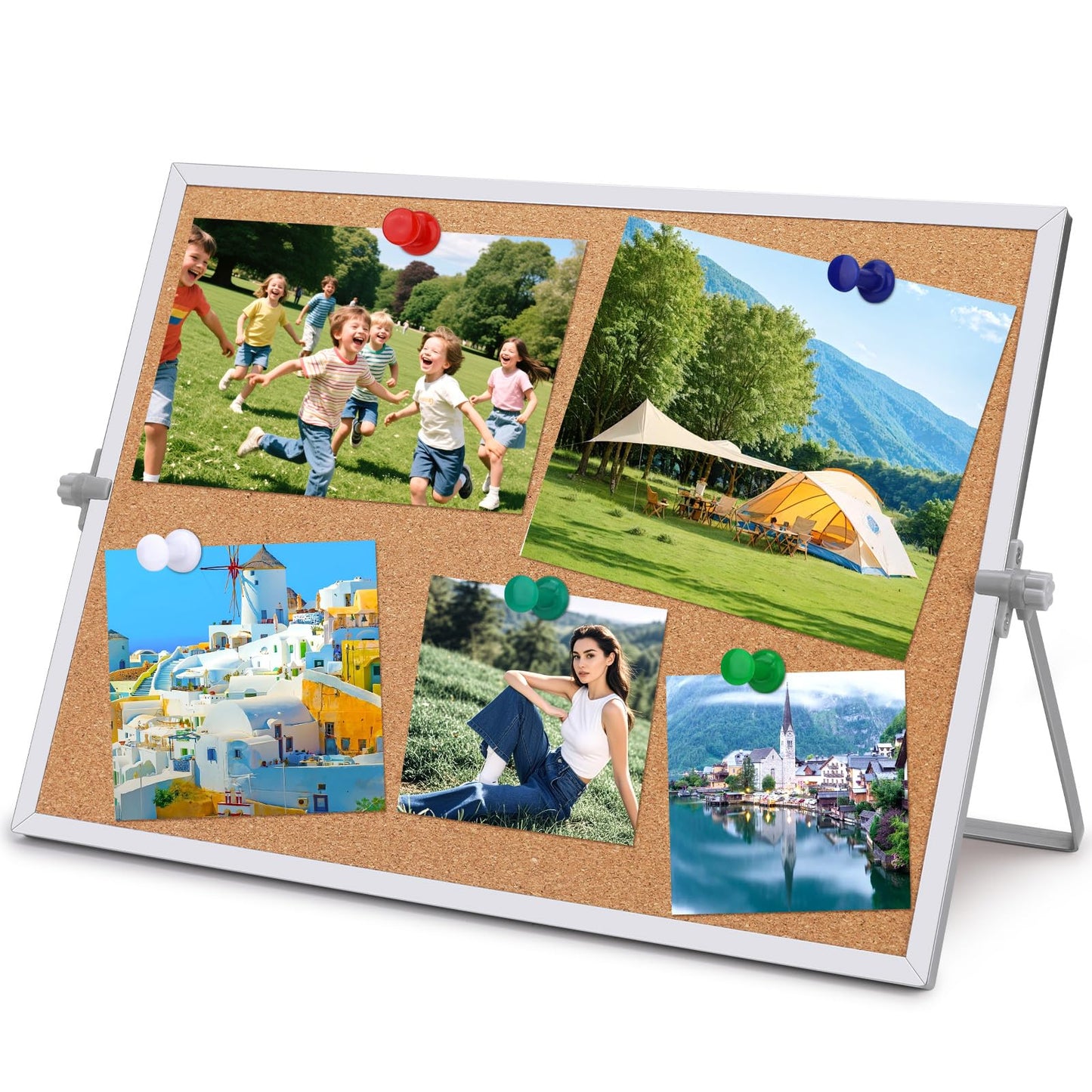 kdafio 11.81"×15.74" Cork Board Bulletin Board, Double Sided Pin Board with Silver Aluminum Border, Desktop Small Cork Board with Stand Suitable for Home, Office, Desk Message Board or Picture Board
