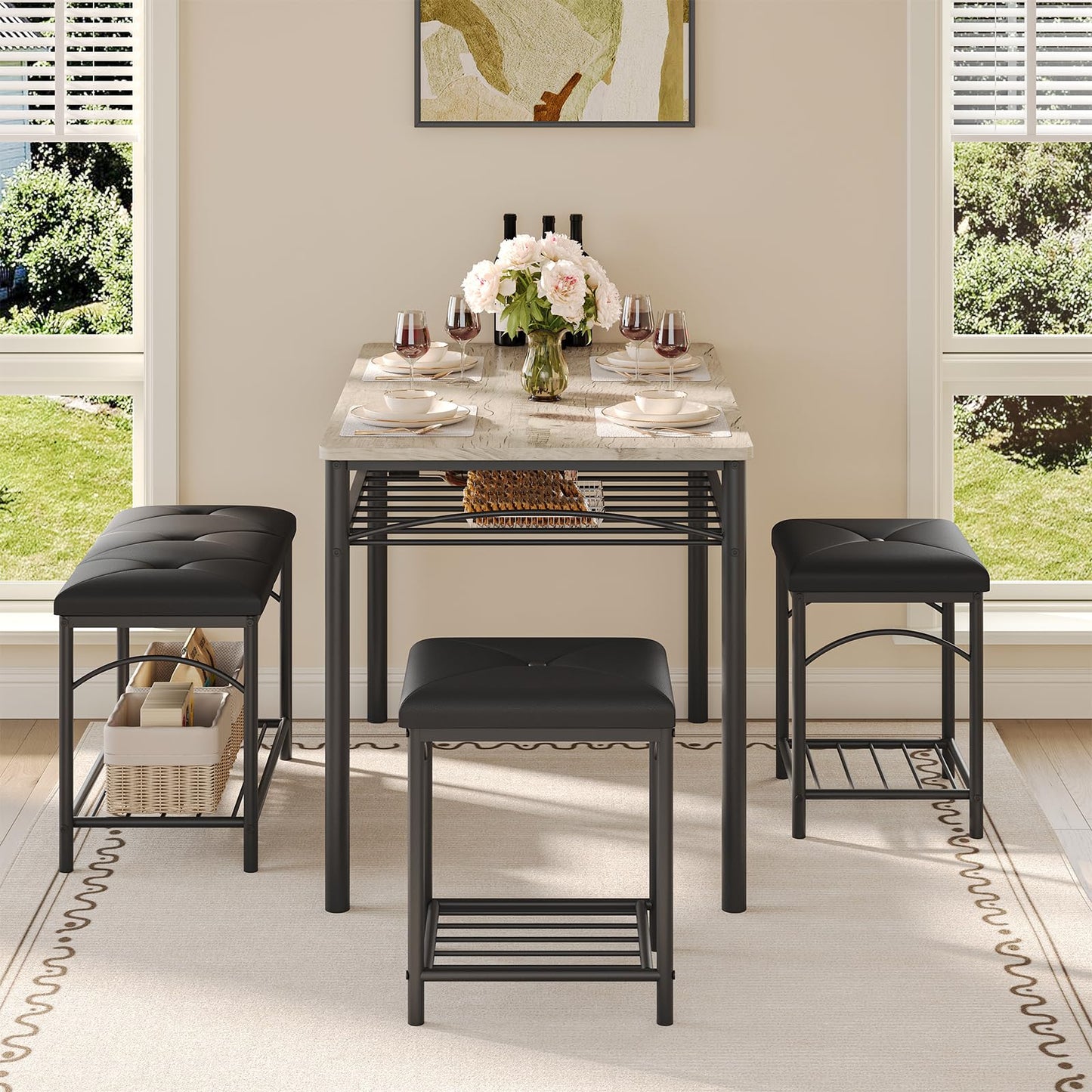 Hetoy Space-Saving 4-Piece Dining Table Set – Modern Table with Upholstered Bench & 2 Stools – Strong Wood & Metal Frame, Storage Shelf, Great for Small Dining Areas – Teak Oak Top + Black Legs