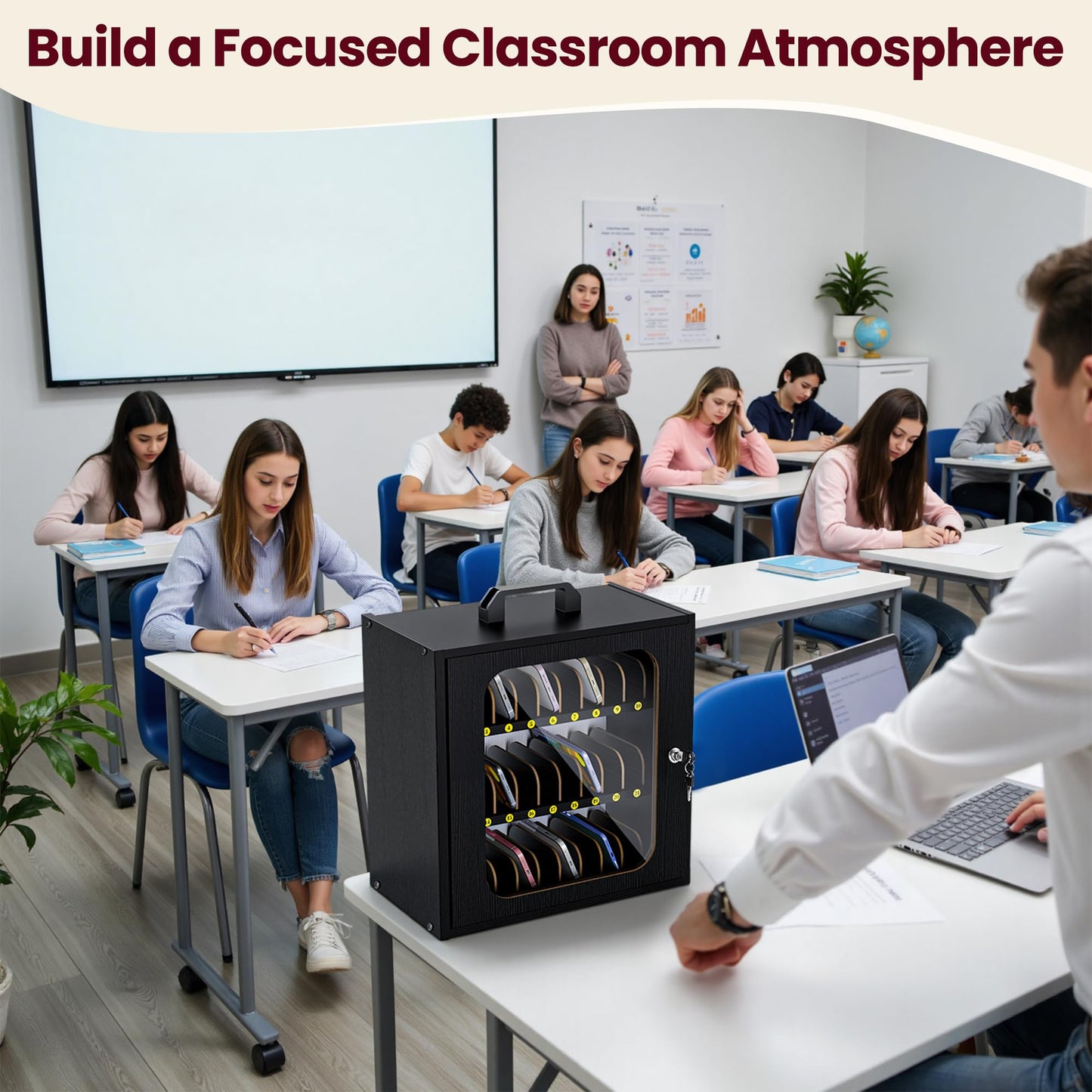 Cell Phone Caddy for Classroom, Adjustable 33 Slots Phone Locker Box for School Home Office Management Easy Assembly Wooden Cellphone Storage Cabinet for Teacher