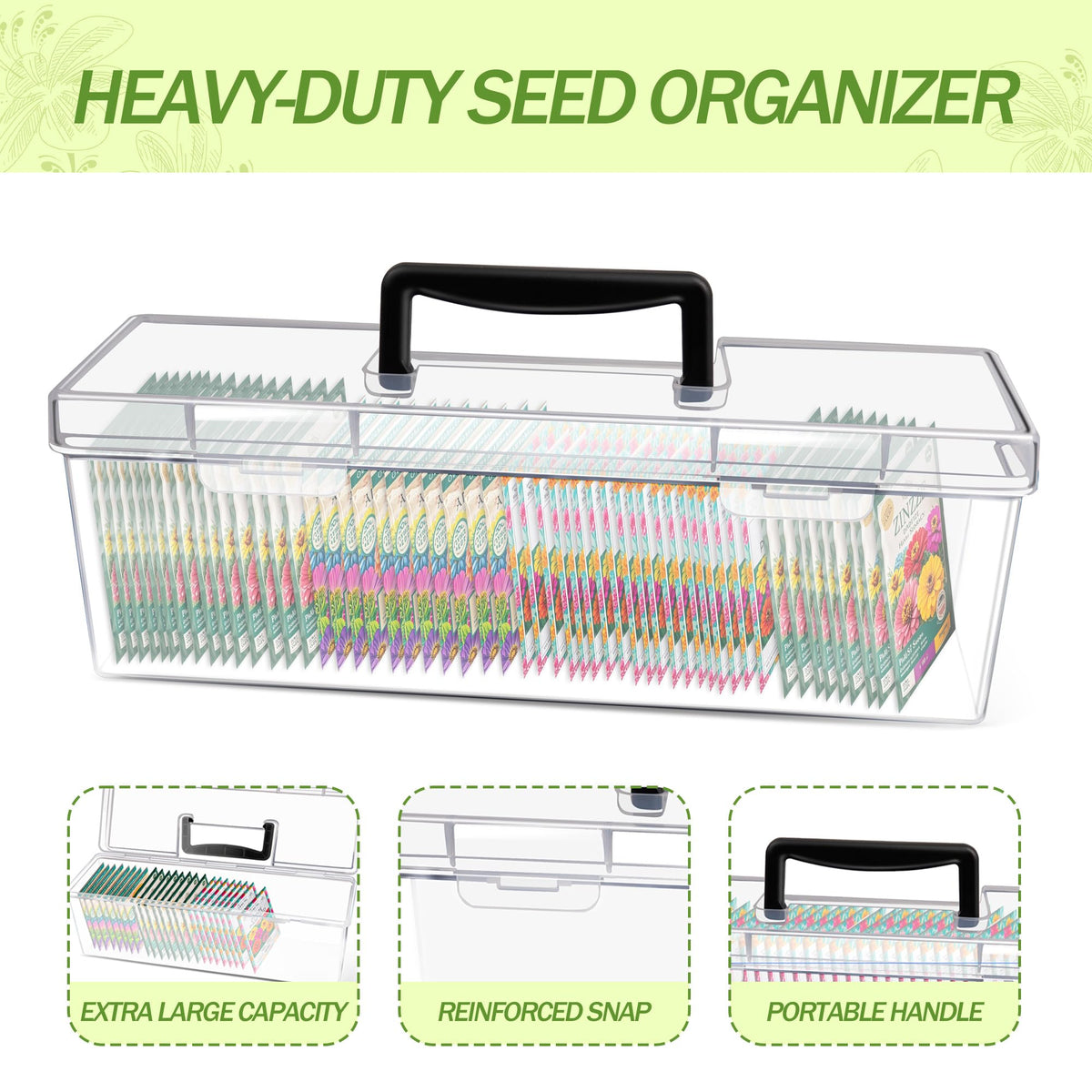 GRETJOB Seed Organizer Storage Box - 2 Pack Clear Plastic Seed Packet Keeper with Secure Lids (14x4.2x4.7in + 11.8x3.7x3.7in)