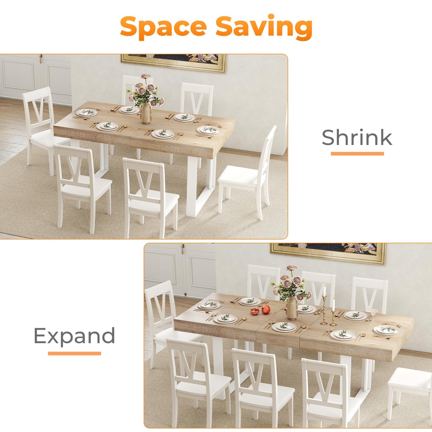 Zevemomo 63"-78.7" Expandable Dining Table, 6-10 Extendable Dining Table, Rectangle Conference Table, Farmhouse Kitchen Table with Slide Track, Tapered U-Shaped Wood Legs for Office, Living Room-Oak