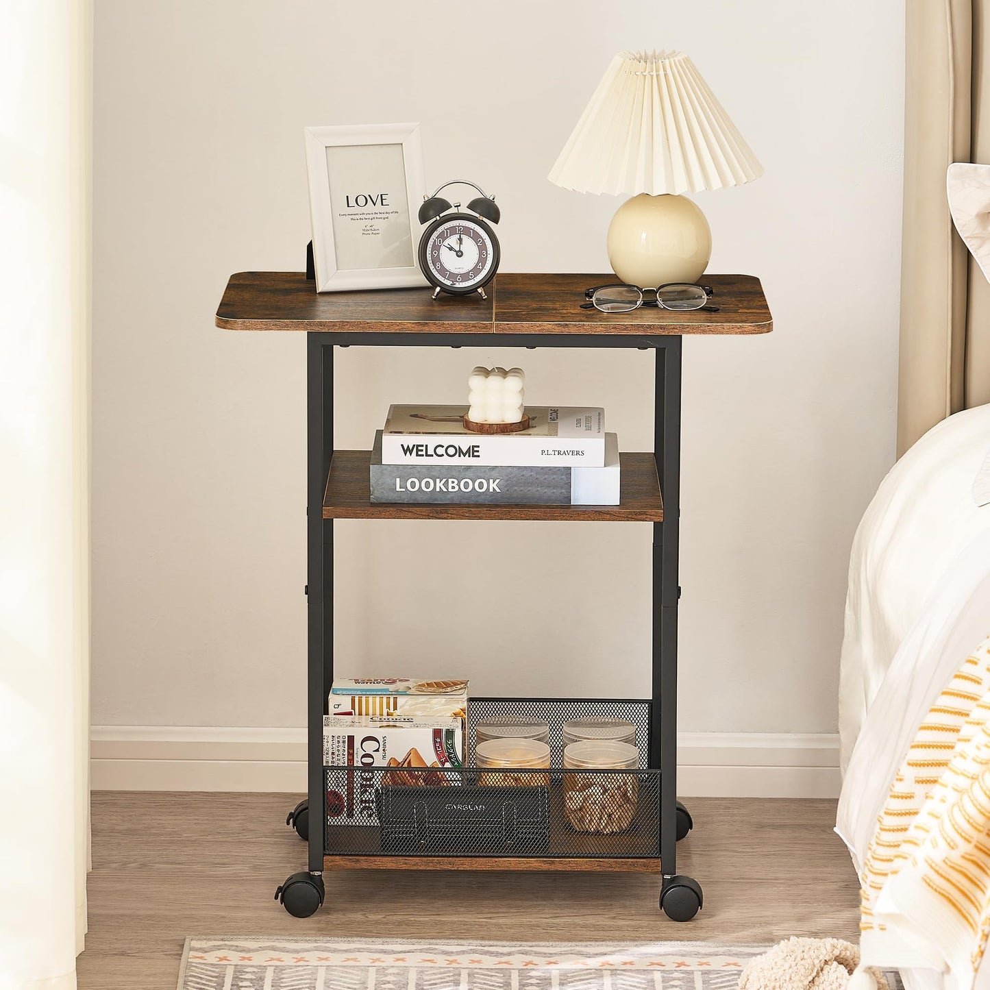 DALEMHOME Side Table with Wheels, Narrow Side Table with 3-Layer Storage Shelves, Slim Nightstand, Metal Frame, for Small Spaces, Living Room, Bedroom, 23.6" D x 11.8" W x 25.2" H, Rustic Brown