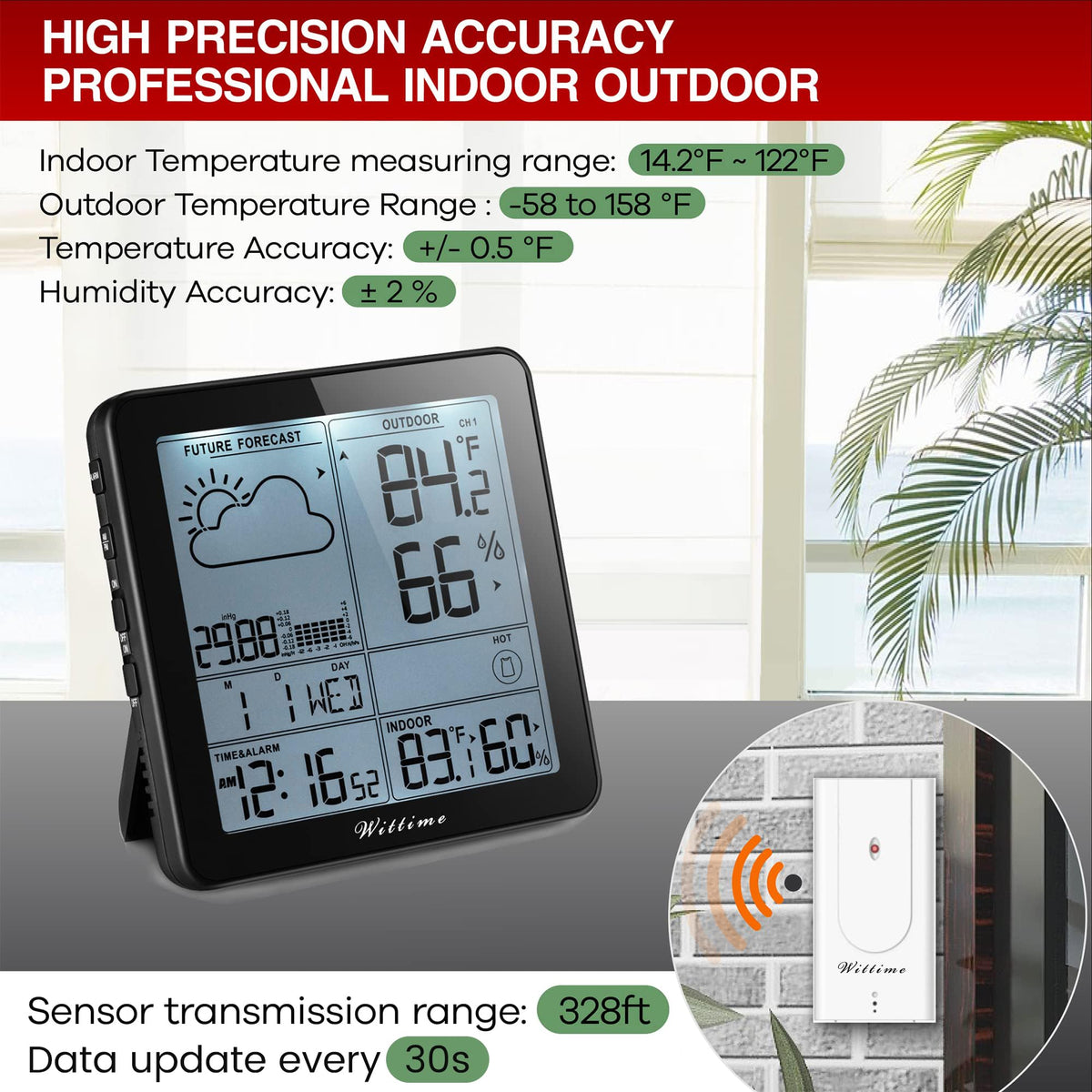 Wittime Weather Station Indoor Outdoor Thermometer Wireless Battery Powered, Atomic Clock with Indoor Outdoor Temperature Weather Clock, Dew Mold Heat Index 2180