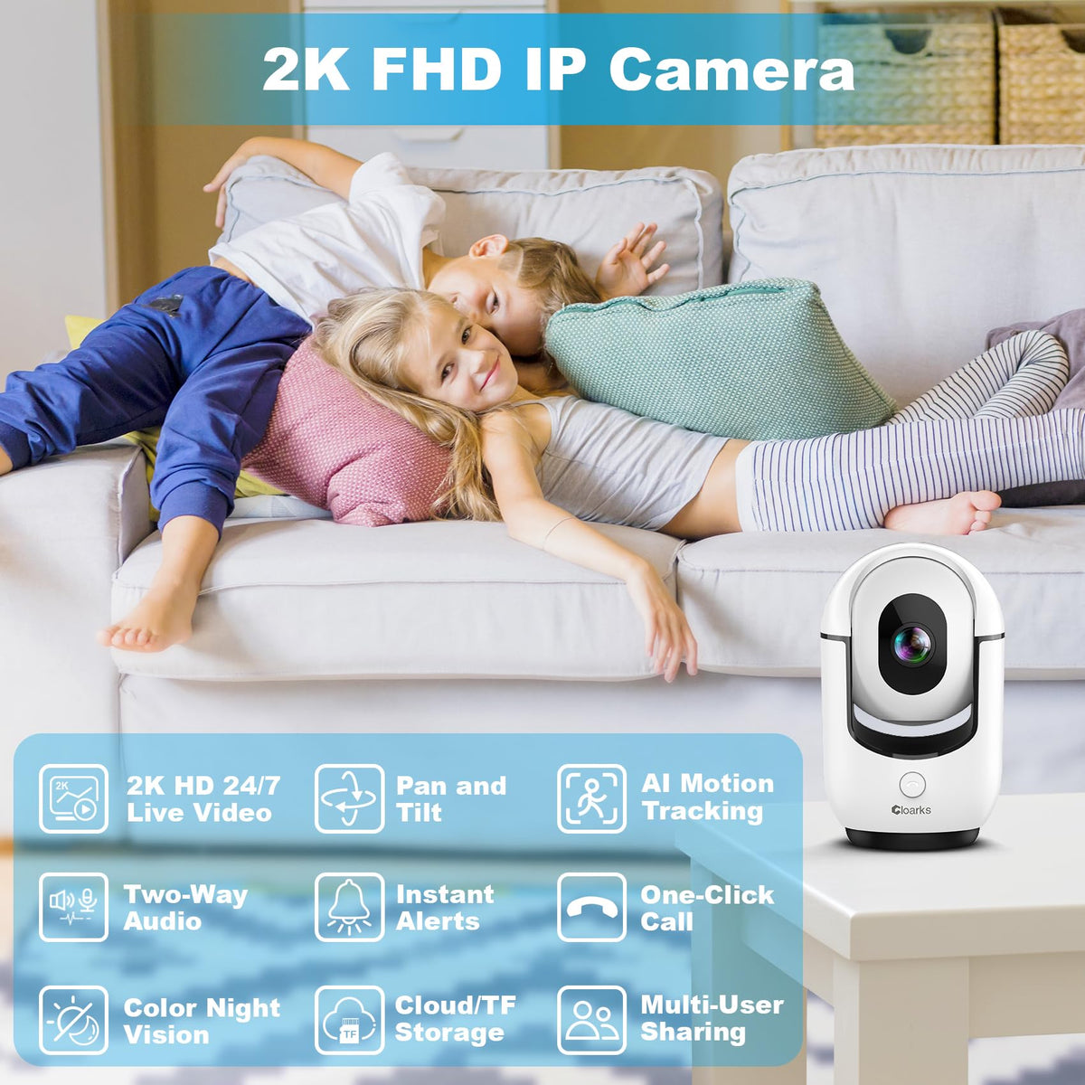 Cloarks 2K Pan/Tilt Security Camera, WiFi Indoor Cameras for Home Security with AI Motion Detection, Pet/Dog/Baby Camera with Phone App, 2-Way Audio, 24/7, Siren, TF/Cloud Storage