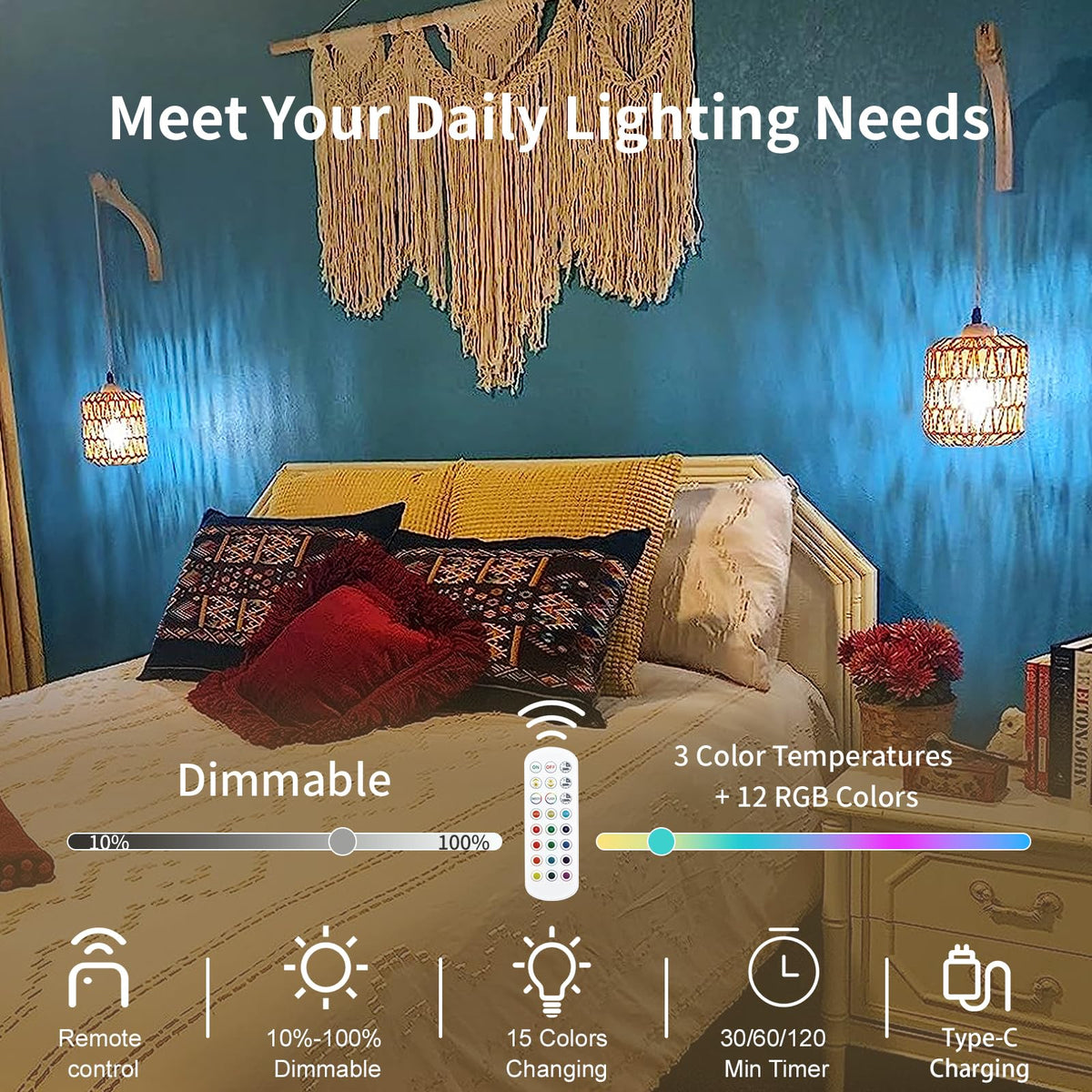 Frideko Boho Rechargeable Wall Sconces Set of Two with Remote, RGB 15 Colors Dimmable Battery Operated Wall Light, Indoor Wireless Wall Lamp with 3 Timer, Farmhouse Rattan Wall Lighting for Bedroom