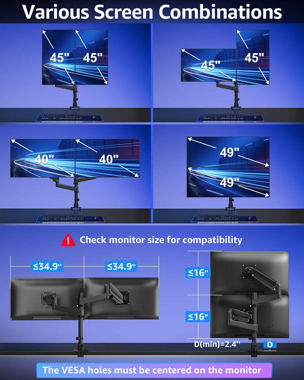 MOUNTUP Dual Monitor Stand Fits 49 45 42 40 39 34 32 Inch Screens, Heavy Duty Dual Monitor Arm Holds 7.7-44 lbs, Vertical Stacked Monitors Mount, Full Motion, Height Adjustable, VESA Mount