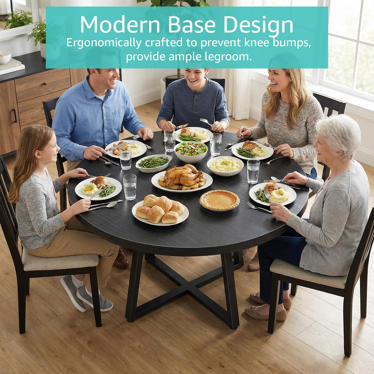 NUTIKAS 47 Inch Round Dining Table for 4, Modern Black Wood Grain Kitchen Table with Cross Metal Legs, Circular Industrial Dinner Table for Small Spaces, Breakfast Nook, Apartment, Office