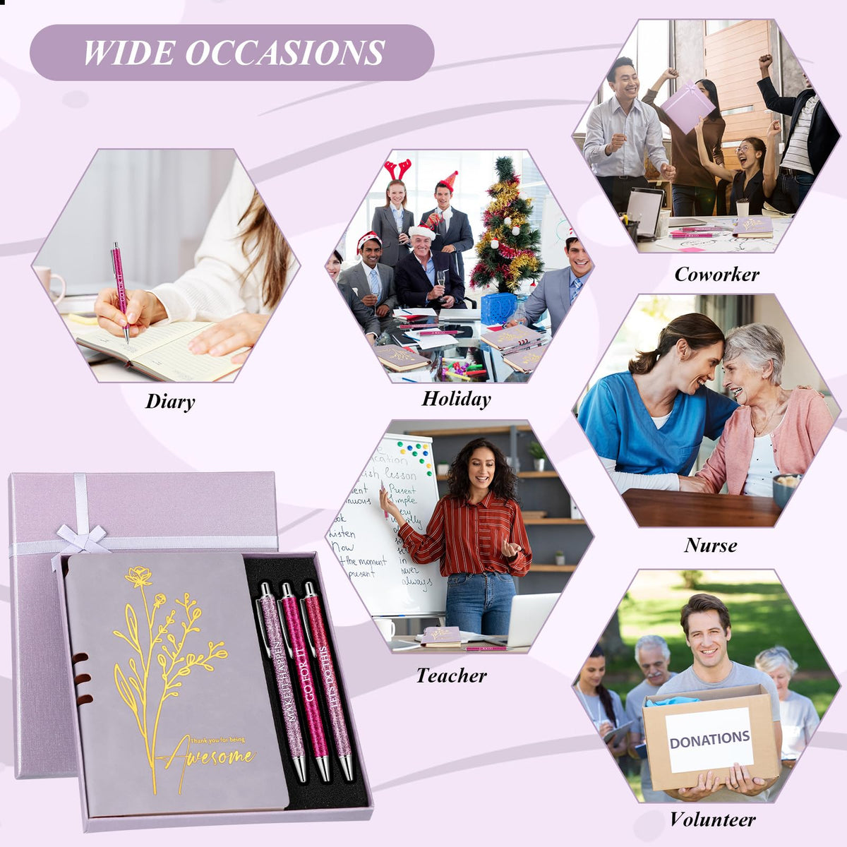 Sayglossy Thank You Gift Set for Volunteers Teacher Appreciation Week A6 Leather Journal Notebook Pen with Present Box Appreciation Gift for Employee Staff Teacher Nurse(Purple,Thank You)