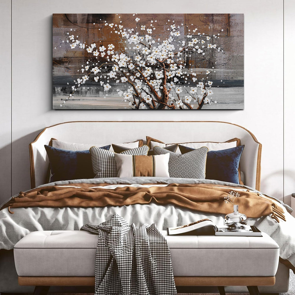 Wall Art for Living Room Large Modern Wall Decor Canvas Paintings for Wall Decorations White Flower Graffiti on Brown Background Bedroom Office Artwork Plum Blossom Art Prints Framed 24x48 inches