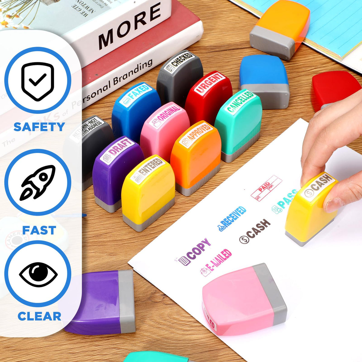 Yeaqee 16 Pcs Self Inking Rubber Stamp Set for Office Approved Paid Copy Faxed Scanned Message Account Business Stamps Paper Work Text Ink Stampers