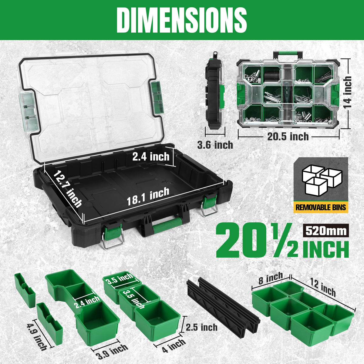 SK 20.5-Inch Small Part Organizer, Stackable Tools Box Organizer with 15 Compartments and Removable Dividers, Transparent Lid, Waterproof & Impact-Resistant Design, for Small Tools and Accessories