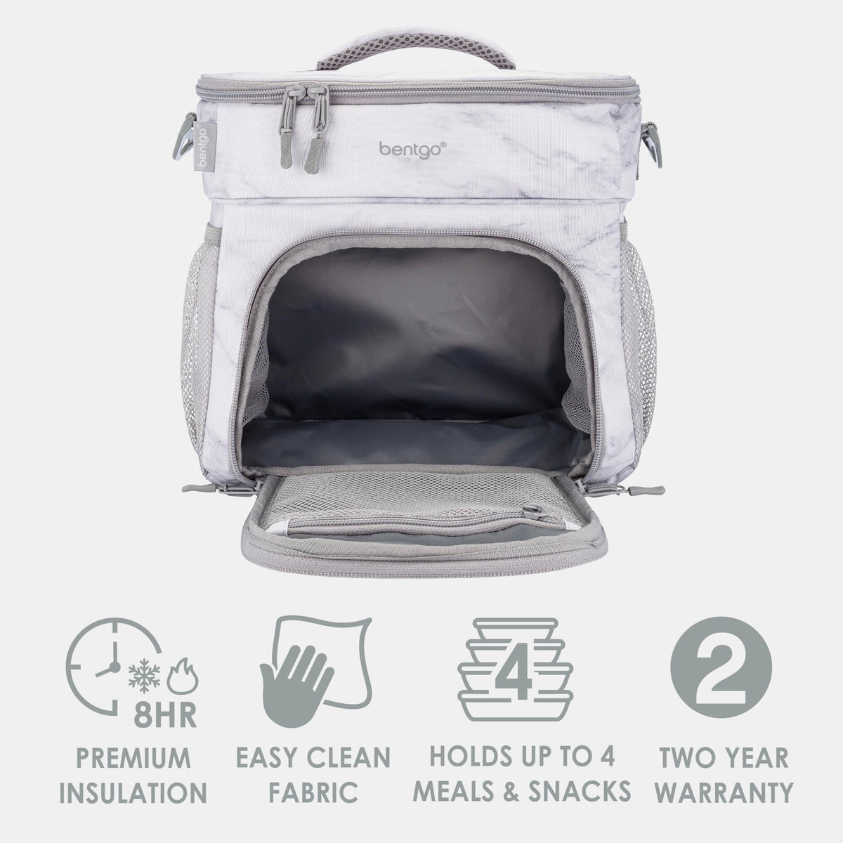 Bentgo Prep Deluxe Insulated Multimeal Bag - Lunch Box Bag, Holds 5 Meals, Premium Insulation up to 8 Hrs, Durable, Water-Resistant - Large Capacity For Adult Meal Prep (White Marble)