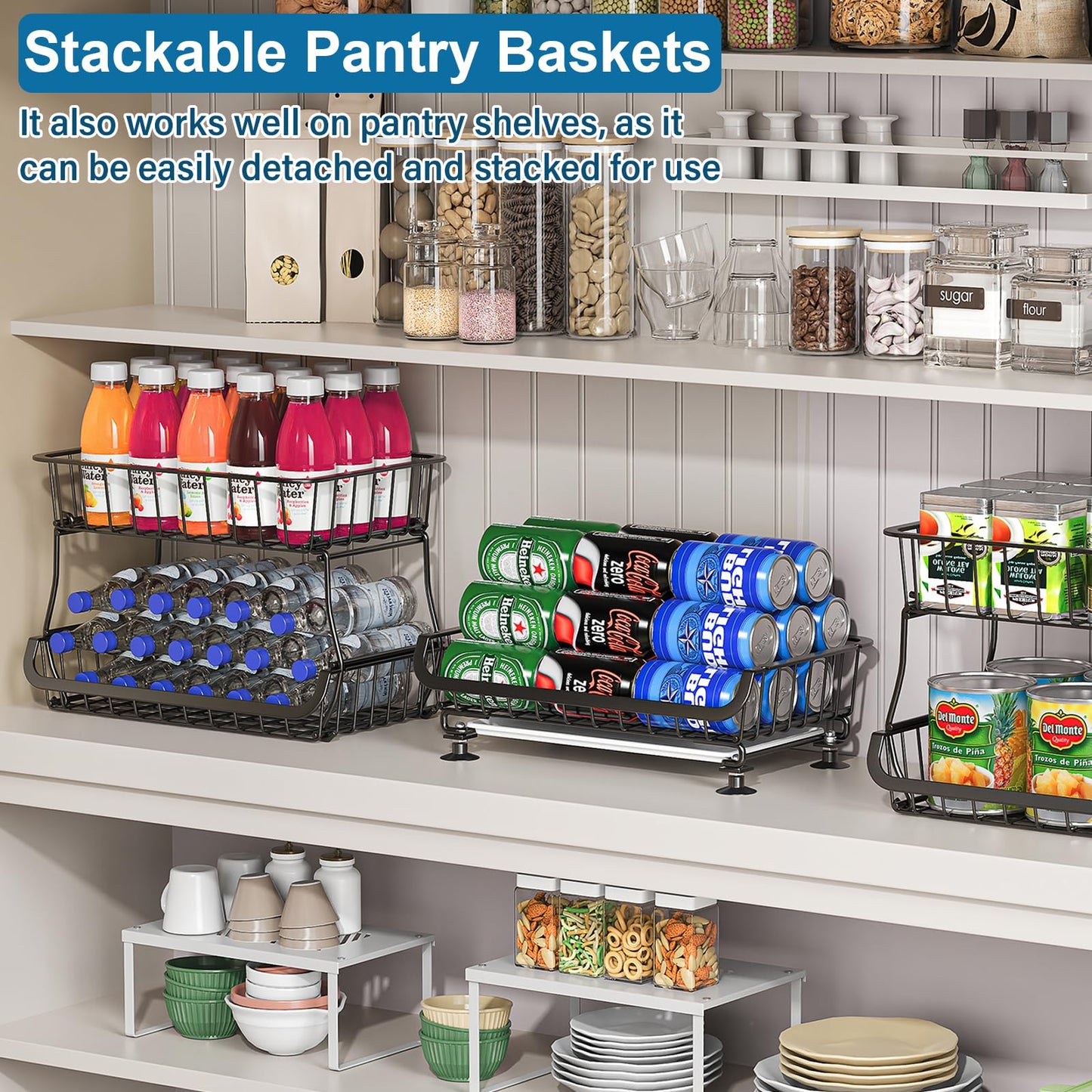 OKZEST 3-Tier Rolling Pantry Floor Organizer and Storage Cart with Wheels, Stackable Wire Pantry Baskets for Pantry Shelves, Kitchen Fruit Basket Stand and Storage Rack for Fruit Snack Onion Potato