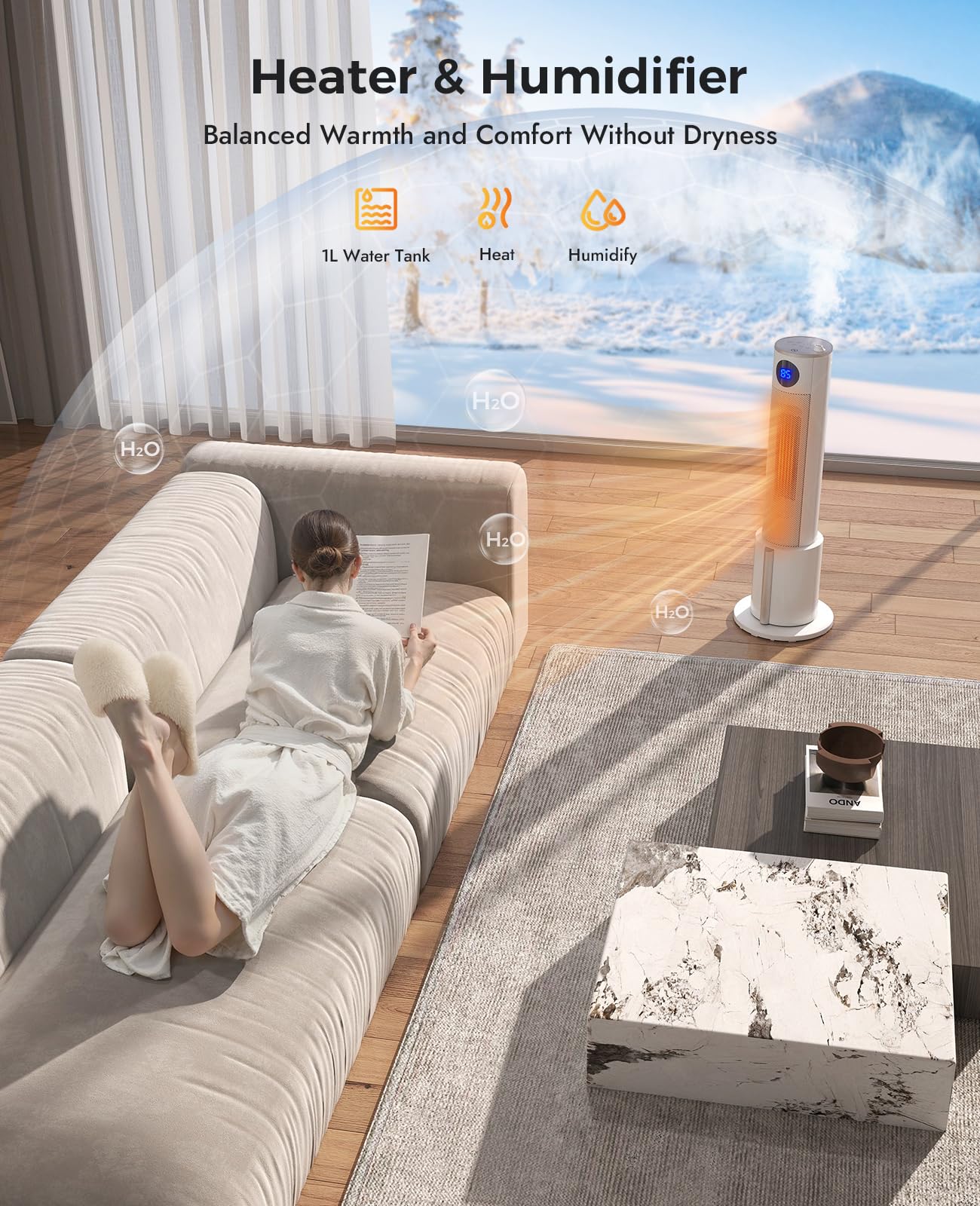 Oylus Space Heater with Humidifier - Portable Tower Heaters for Indoor Use, Remote, Adjustable Thermostat, 3 Heat Modes, Multiple Safety Protection, 12H Timer, Quiet Electric Heater for Bedroom