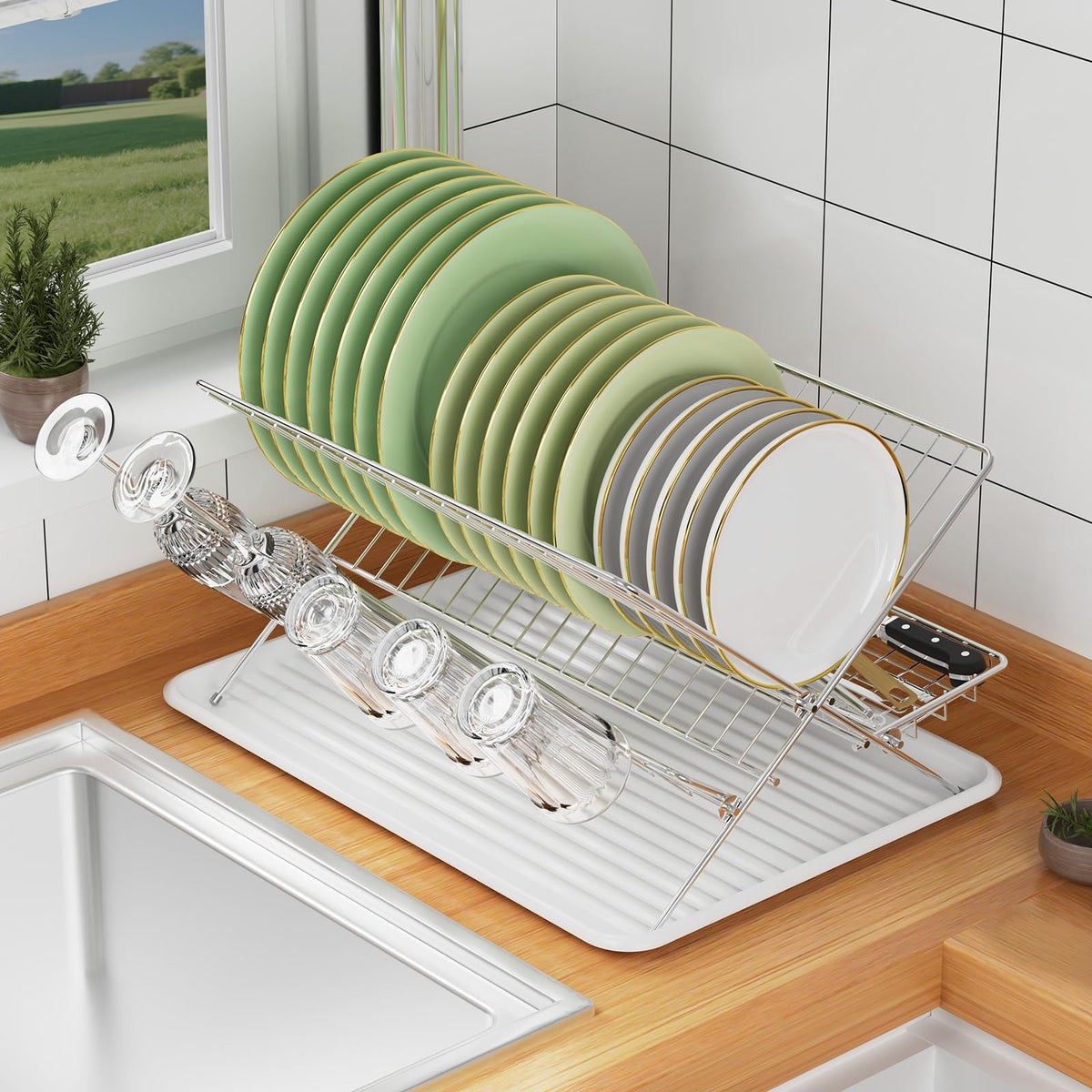 Dish Rack with Drip Tray, Stainless Steel 3-Tier Collapsible Drainer Dish Drying Rack for Kitchen Counter, Sink, Countertop,Cutlery, Dishes Utensils Flatware Holder Set, Reversible Cup Draining Rack