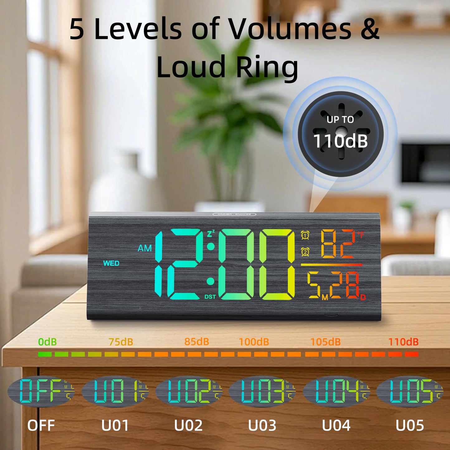 Haimiage Solid Wood Digital Alarm Clock for Bedroom - 8.8 Inch Large Display, Multicolor Backlight Time Display, Dual Alarms, Date/Temp/Day, DST, Snooze, Black