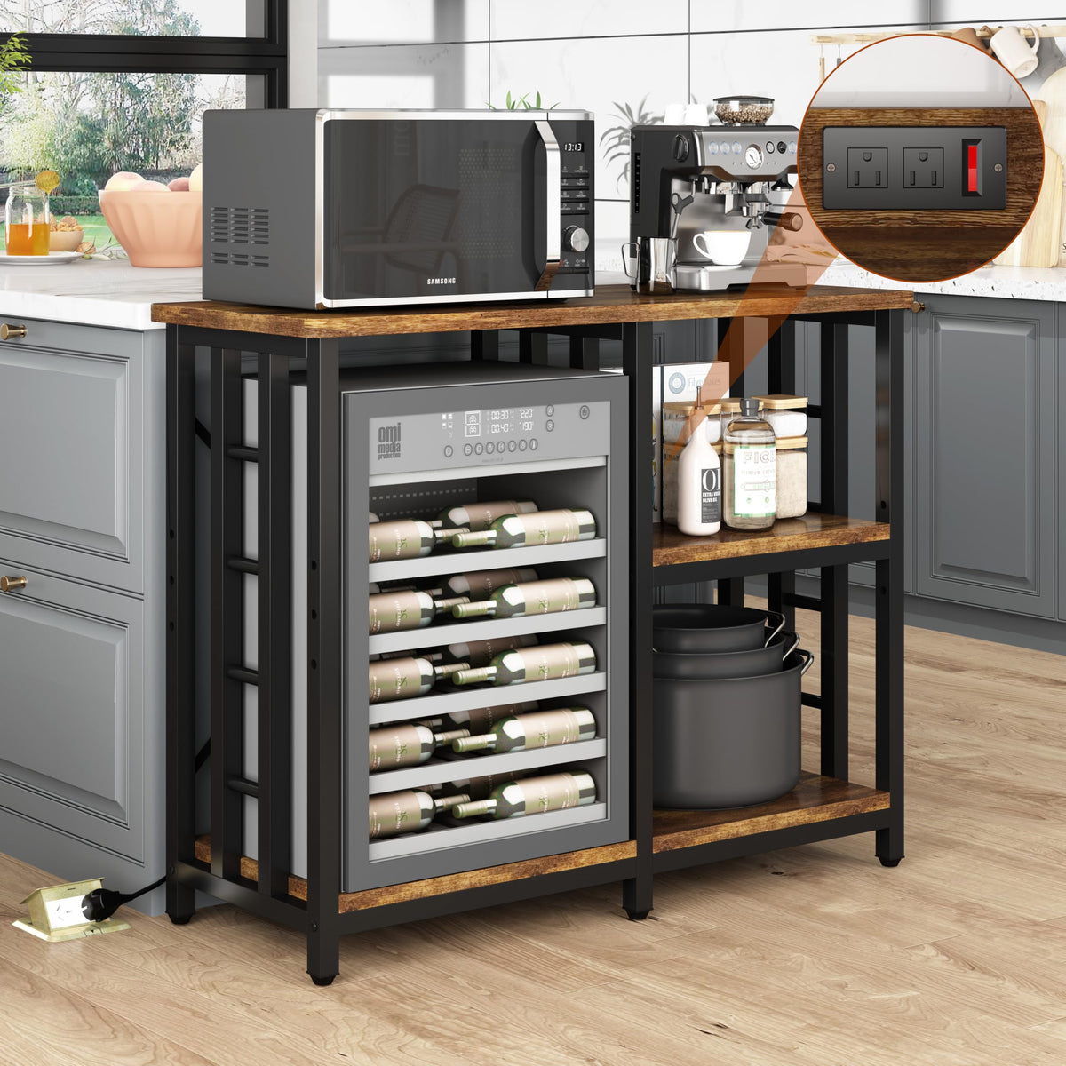 DKFNCL Mini Fridge Stand with Power Outlet, Mini Fridge Stand, Microwave Oven Stand Table, Bar Cabinet, Aquarium Stands, 4-Tier Kitchen Baker's Rack for Spices, Pots and Pans.