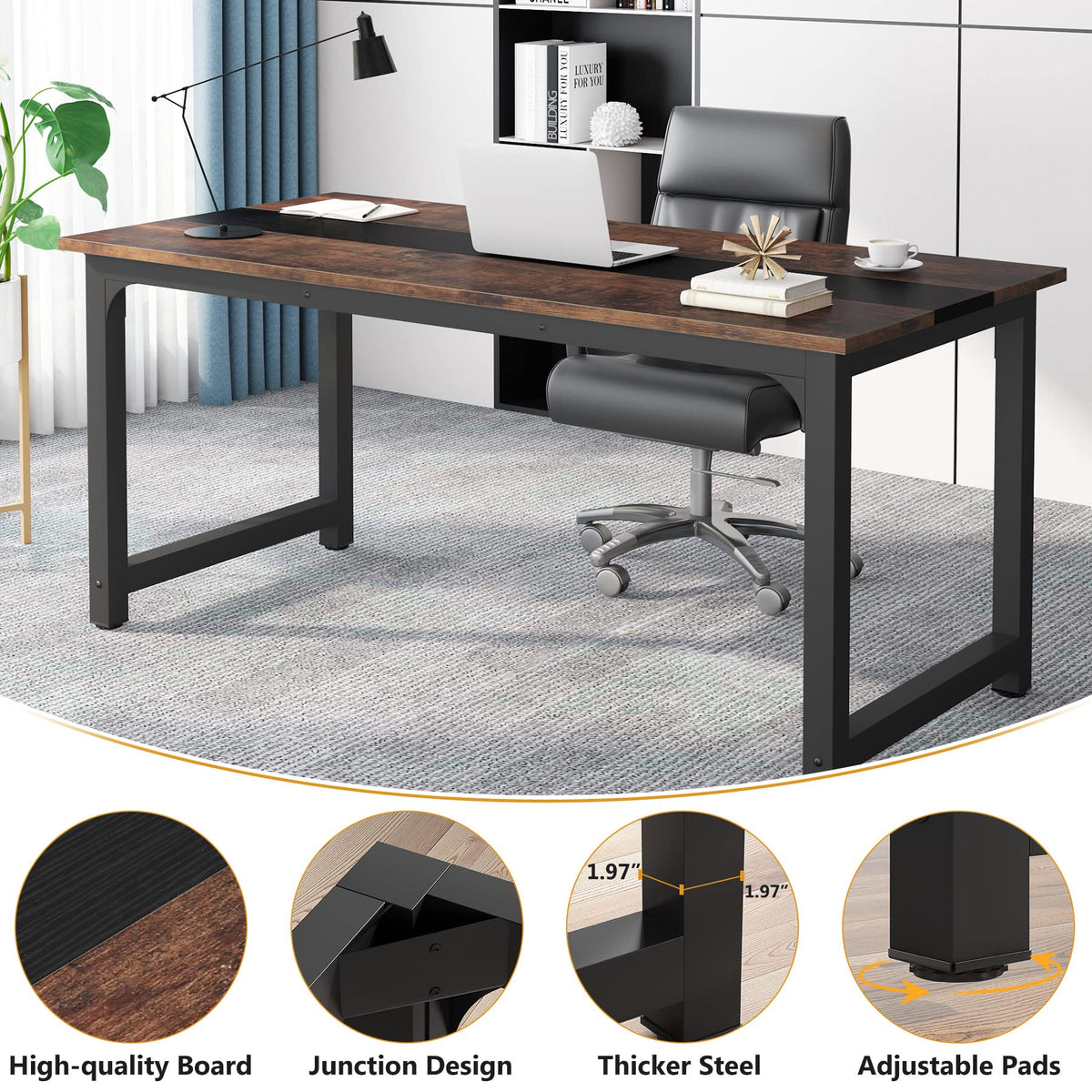 Tribesigns 70.8”Executive Desk, Large Office Computer Desk with Thicken Frame, Modern Simple Workstation Business Furniture for Home Office, Vintage Brown/Black