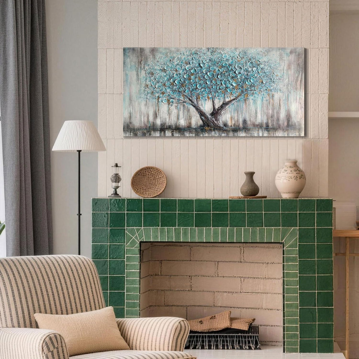 Arjun Tree of Life Wall Art Canvas for Living Room Blue Tree Nature Teal Painting, 50% Hand Painted Textured Picture Bedroom Panoramic Landscape Artwork Framed Home Office Decor 40"x20"