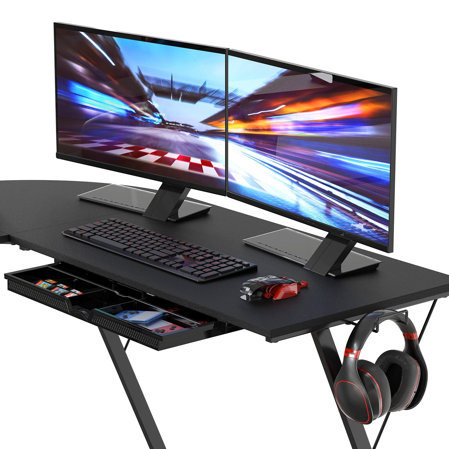 SHW 51 x 51 Inches Vista L-Shaped Desk with Monitor Stand and Drawer, Black