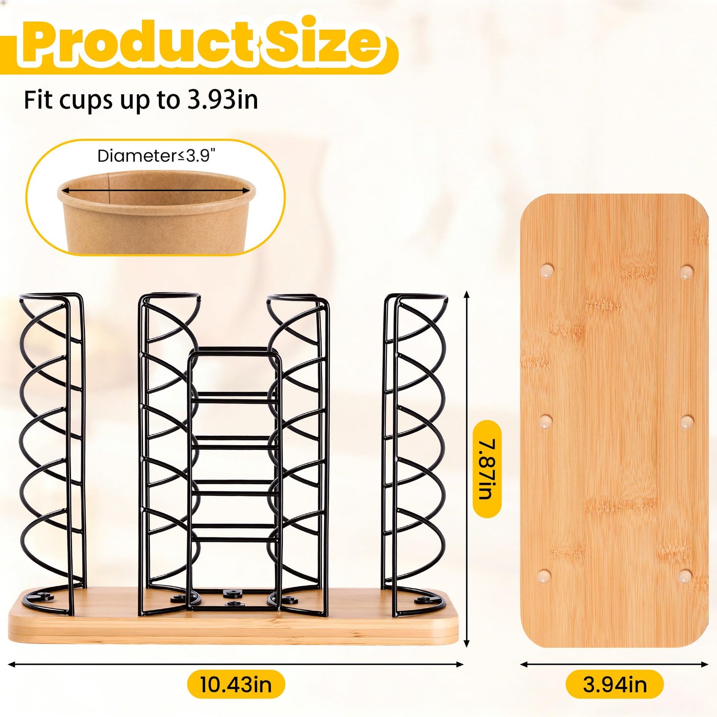 Mozabol Coffee Station Organizer for Countertop, Cup and Lid Organizer with Straw Holder, 3 Section Disposable Cup Dispenser Rack with Acacia Wood Base for Office, Cafe, Kitchen, Break Room