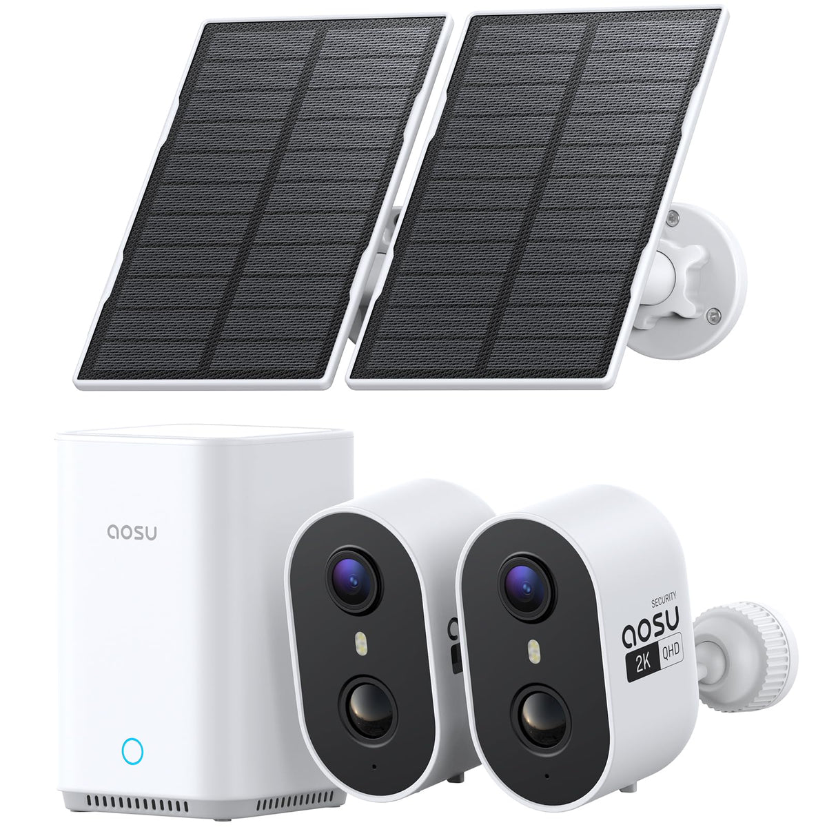 aosu Solar Security Cameras Wireless Outdoor Home System, True 2K HD, Cross-Camera Tracking, PIR + AI Human Detection, Color Night Vision, Local Storage, No Subscription Required, 2-Cam-Kit