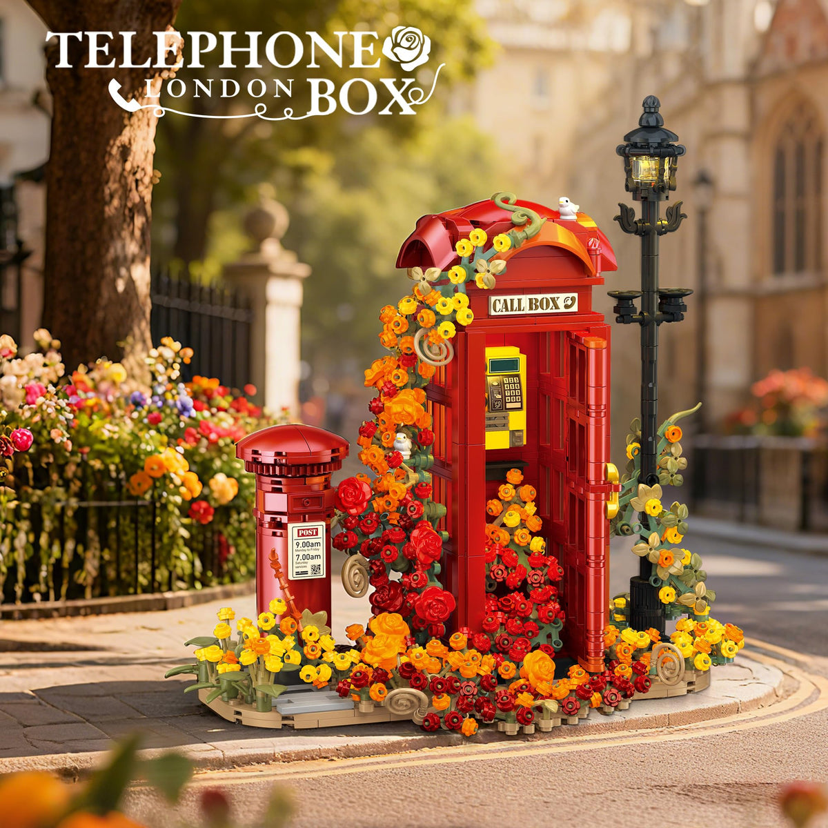 chanbrick Red London Telephone Box Building Set with Roses Flower for Adults Girls, Mailbox Phone Booth Retro Model Souvenir for Home or Office Decor - 1142PCS