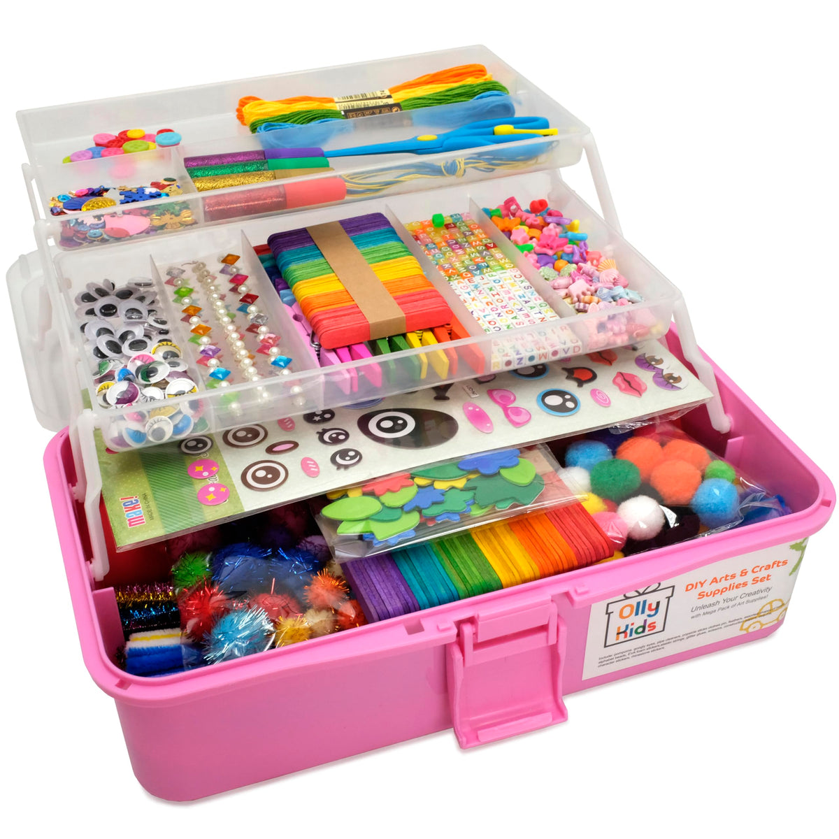 Olly Kids Arts and Crafts Supplies for Kids Girls 4 5 6 7 8 9 10 11 & 12- Ultimate Crafting Supply Carboodle in Portable 3 Layered Plastic Art Box
