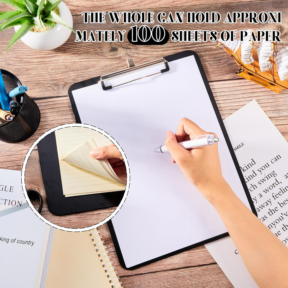 Jetec 4 Pcs Black Clipboards with Pen Holder, 12 x 9 Inch Hanging Plastic Board with Metal Clip, Holds 100 Sheets for Letter A4 Size Paper, Teachers Students Nurses Must Haves, School, Office Supplies