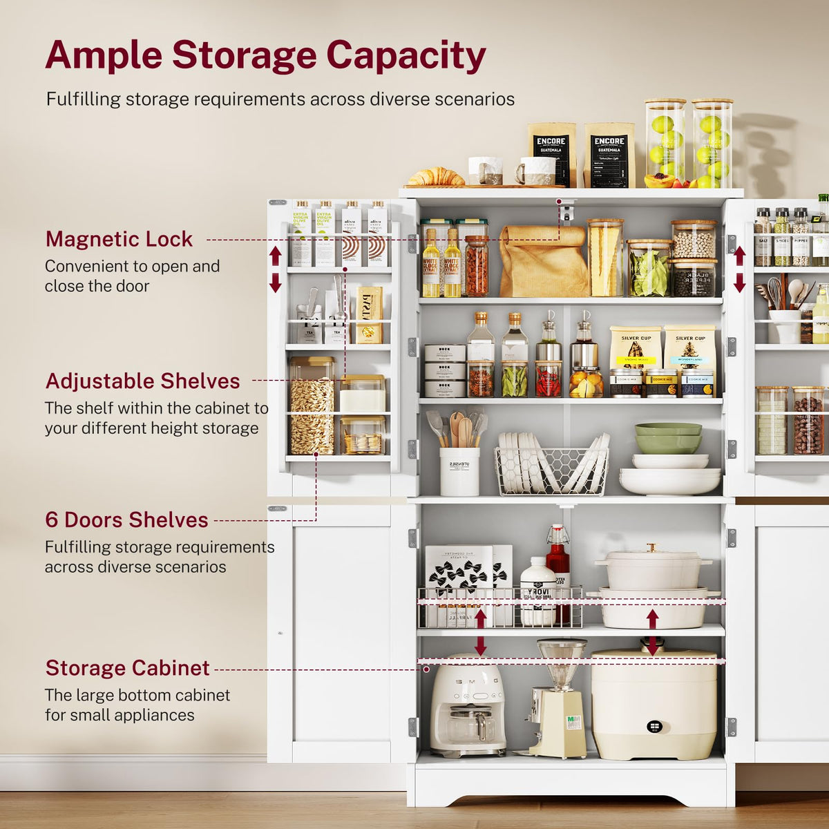 TEENFON 51" H Pantry Cabinet with 4 Doors, Kitchen Cabinet with 6 Door Shelves, Storage Cabinet for Living Room, Dining Room, Bathroom, White