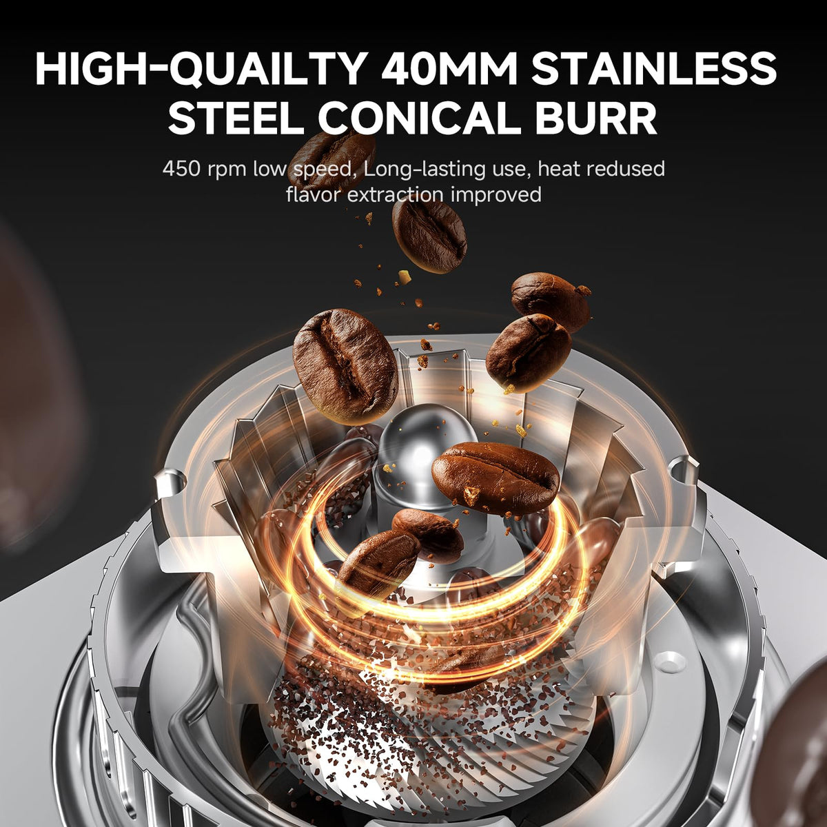 Burr Coffee Grinder with 45 Grind Settings, 40mm Conical Burr, Anti-Static Technology, Touchscreen Control, 300g Bean Hopper, Stainless Steel Body, for Espresso to French Press, Easy to Clean