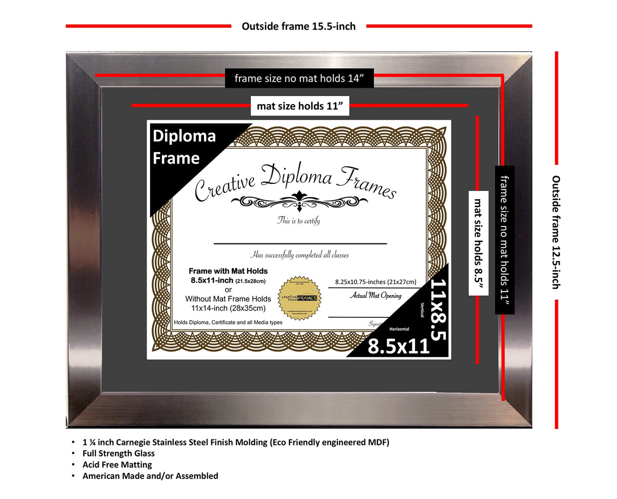 Creative Picture Frames 11” x 14” Stainless Steel Finish Diploma Frame with Black Mat to Hold 8.5 by 11-inch Graduation Documents w/Stand and Wall Hanger