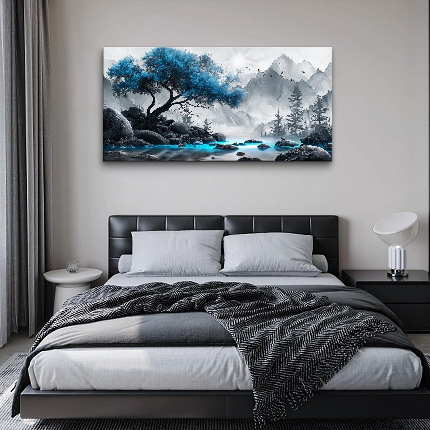 Lapremoly Black And White Wall Painting Canvas Art For Living Room, Office, Bedroom - Blue Tree Landscape Pictures - Hotel Artwork Posters - Family Home Wall Decoration