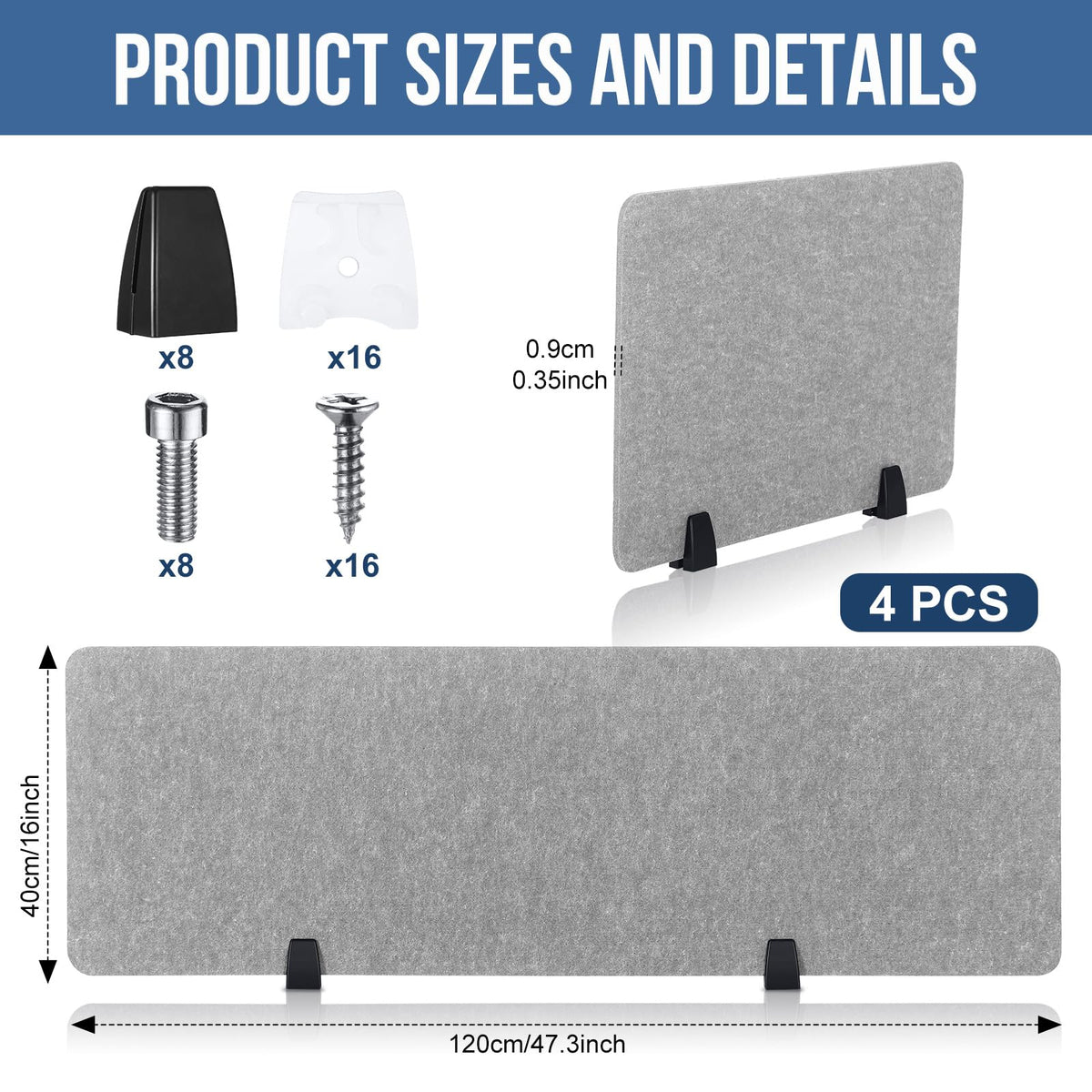 Yaomiao 4 Pack Acoustic Desk Divider Soundproof Desk Privacy Panel Freestanding Partitions Sound Absorbing Divider for Office Reduce Noise and Visual Distractions 47.3" x 16"(Light Gray)