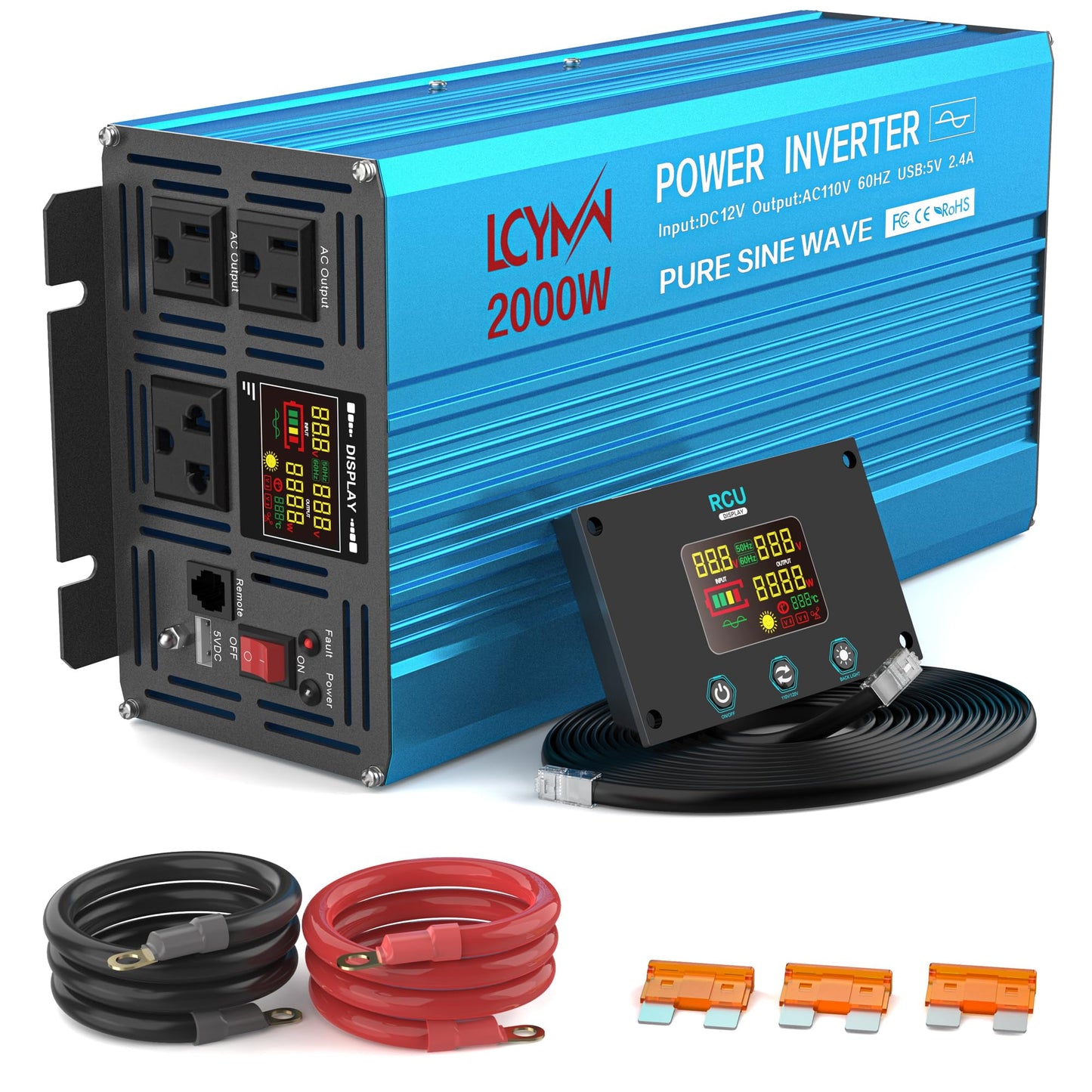 LCYMW 2000 Watt Inverter Pure Sine Wave DC 12V to 110V AC Power Inverters with 3 AC Charger Outlets, Car Inverter Solar Power Inverters for Vehicles Home with LCD Display and 2.4A USB Charging Ports