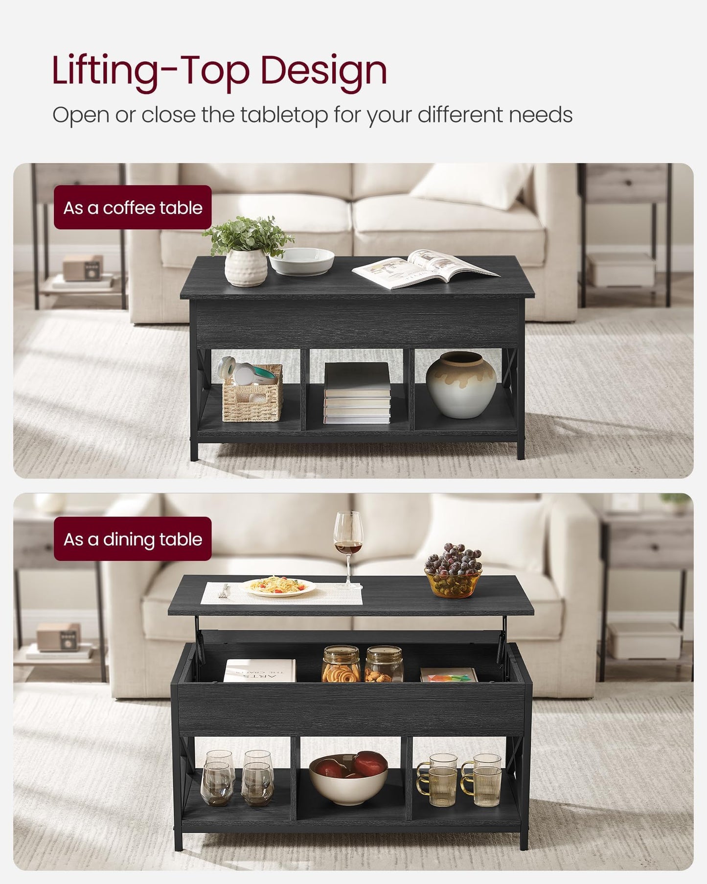 VASAGLE Coffee Table Lift Top, 3 in 1 Center Table with Storage, Gas Spring, 2 Drawers and 3 Hidden Compartments, Open Shelf, for Living Room, Home Office, Honey Brown and Rustic White ULCT254W01