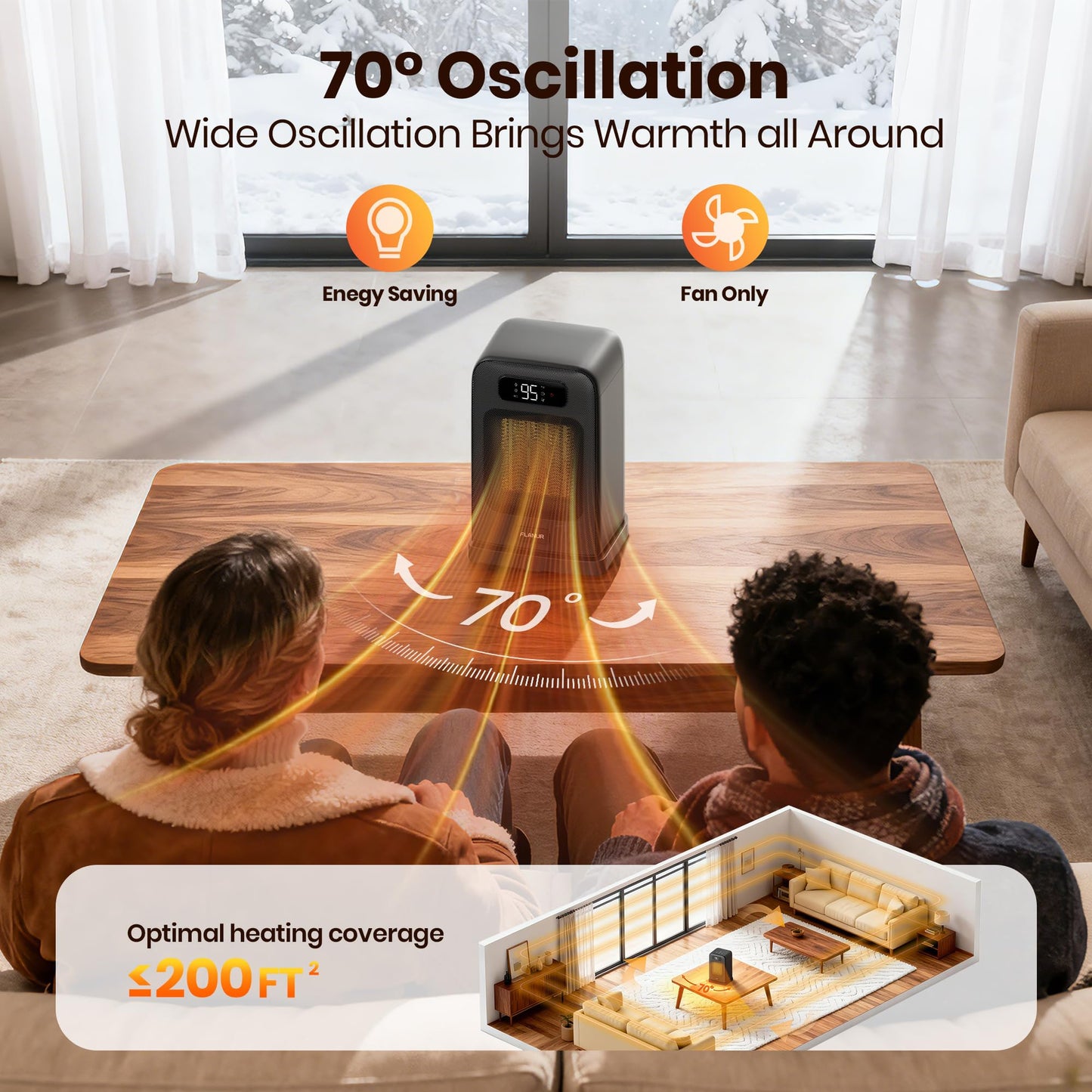 FLANUR Space Heaters for Indoor Use, 1500W Small Desk Heater with Remote, Thermostat, 4 Modes, 12H Timer, LED Display, Safety Protection, 70° Oscillating Heater for Office Bedroom Home (Black, 1Pack)