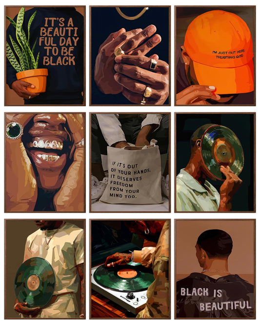 Black Culture Wall Art Set of 9, Black Man Trend Luxury Street Painting Pictures Decor Aesthetic Urban Art Posters for Bedroom, Living Room, Office, Neutral Color Home Decor, 8"x10", Unframed