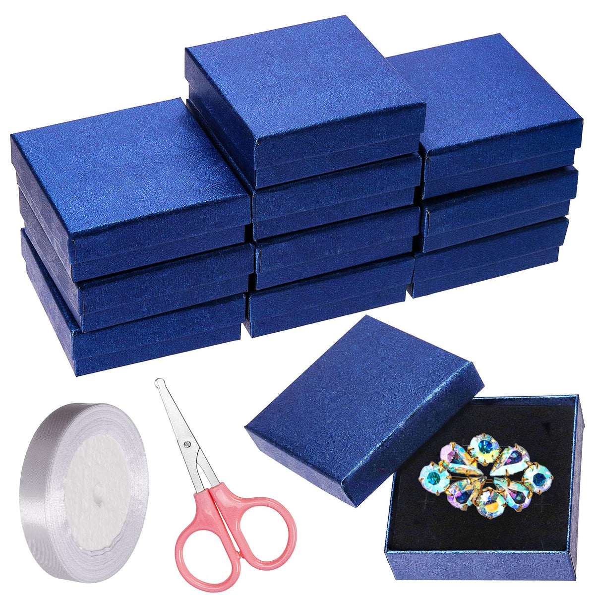 Swpeet 12Pcs Royal Blue 3.5×3.5×1 Inch Cardboard Jewelry Gift Boxes with Scissors and Polyester Ribbon, Necklace Earring Bracelet Boxes Gift Case Ideal for Jewelry Storage Packaging Display