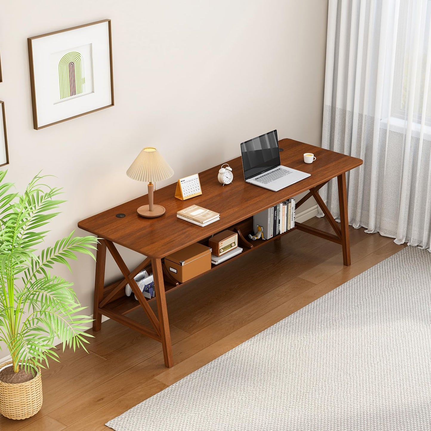 NELYE Extra Long Desk with Bookshelf - Wooden Home Office Work Study Table, 2-Person Writing Computer Workstation with Storage Shelf in Walnut, 63" Wx20 Dx30 H